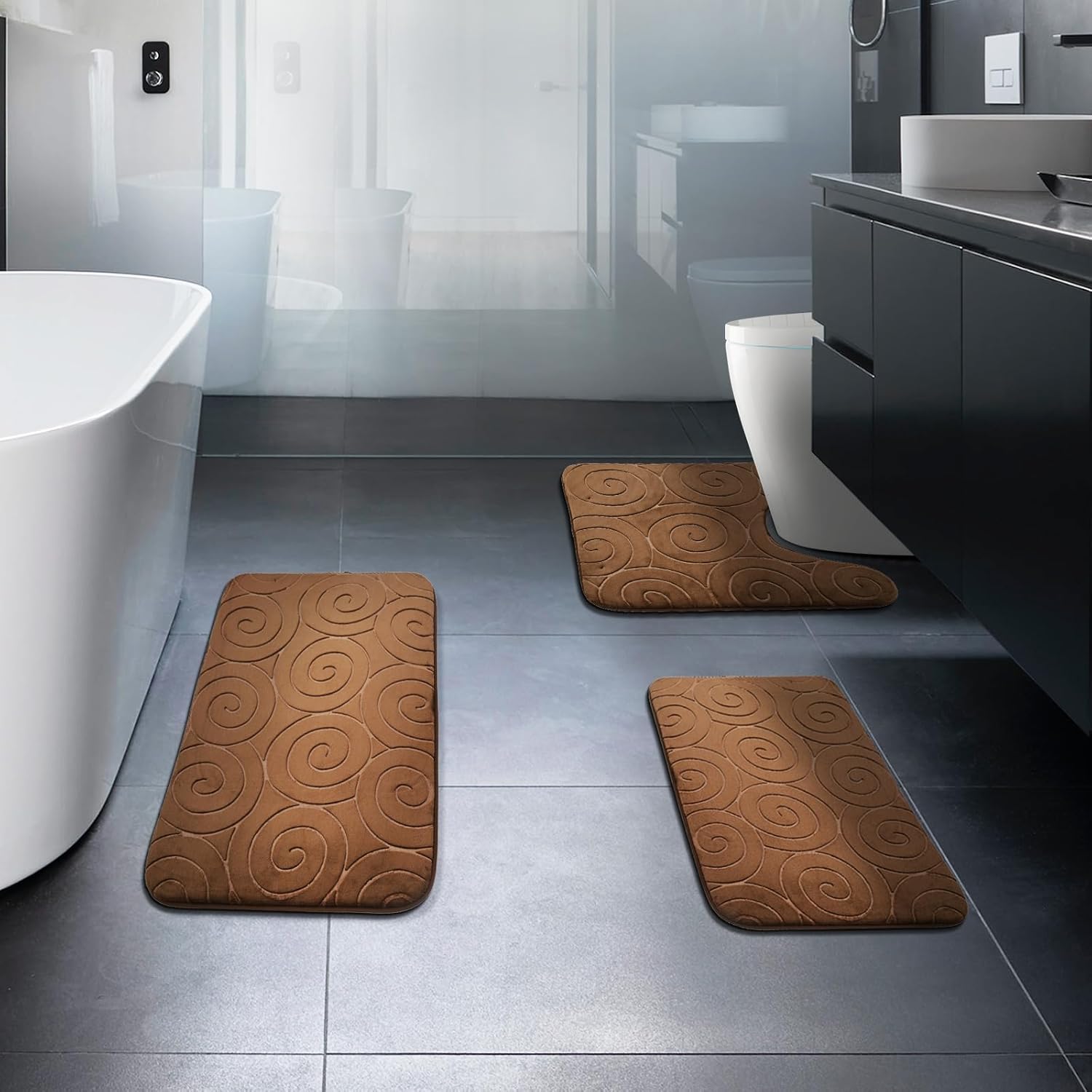 Brown Memory Foam Bathroom Rugs Sets 3 Piece with Rubber Backed Non Slip Washable