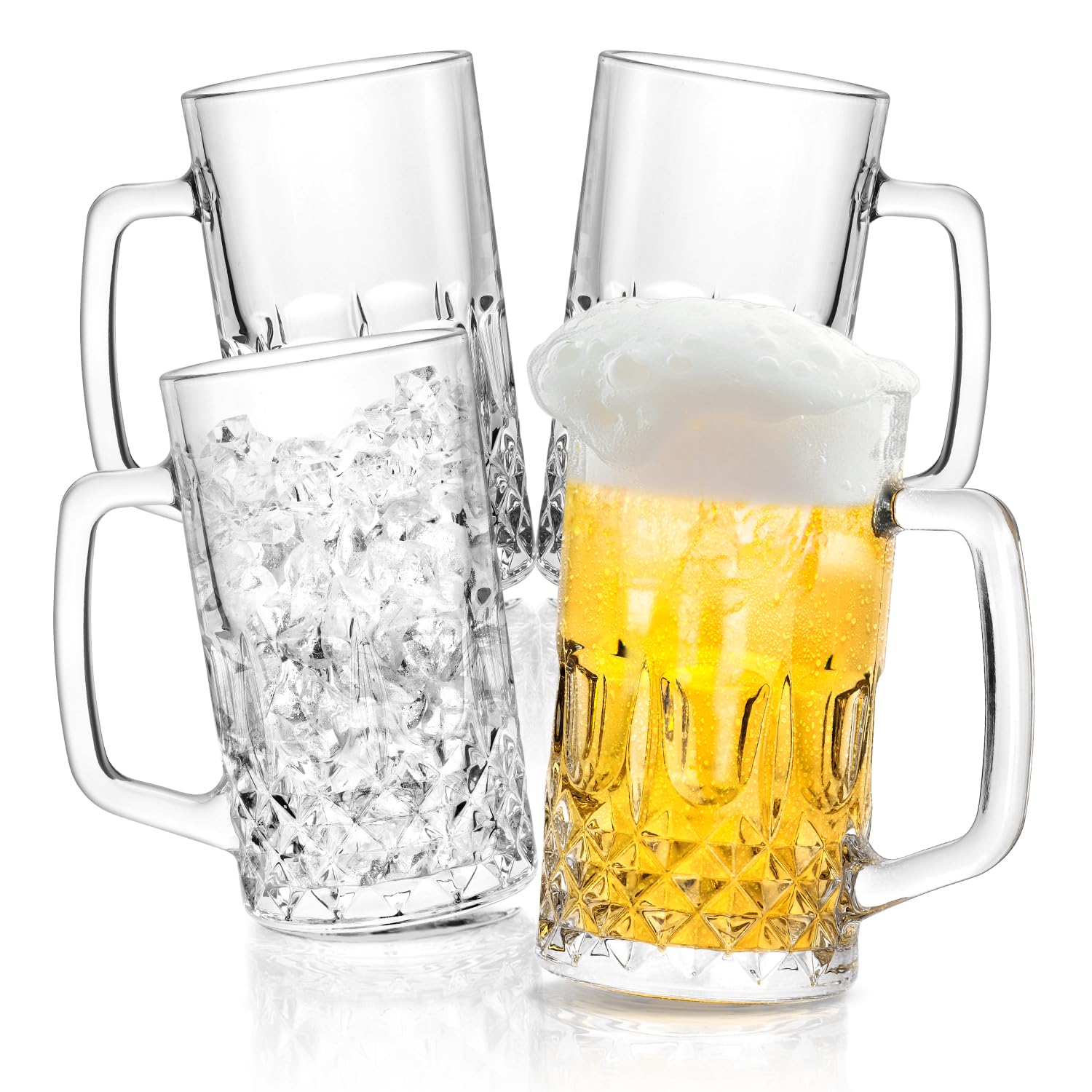 Beer Mug Set of 4, 22oz Large Heavy Glass Beer Mugs with Handle, Clear Freezer Beer Glasses for Tea, Coffee for Dad Husband or Friend