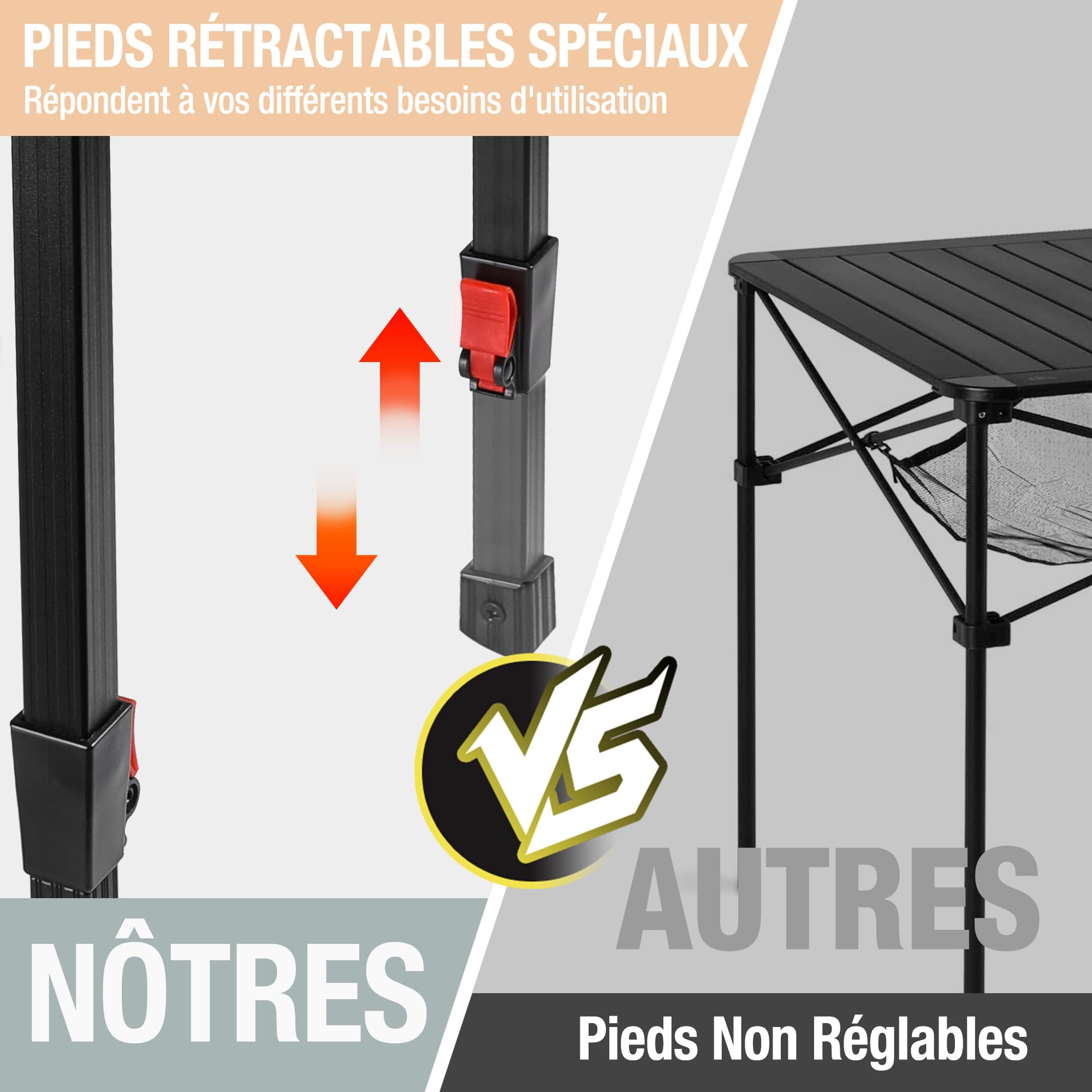 VILLEY Table de Camping Pliante, Table de Pique-Nique Pliable en Aluminium, Table Extérieure Portable avec Sac de Rangement, Table Pliante à Hauteur Réglable pour Randonnée Cuisine Jardin Plage, Large