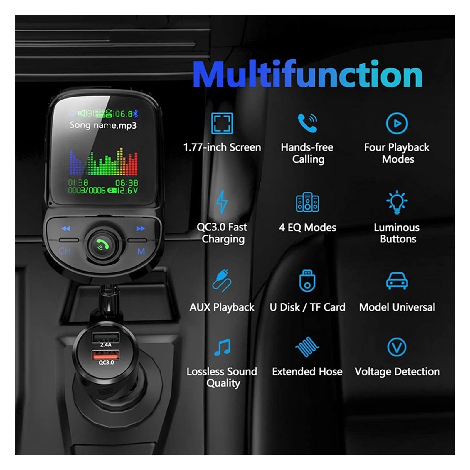 Adaptateur Audio Bluetooth Auto FÉMININ Emetteur Couleur Bluetooth 5.0 Modulateur sans Fil Lecteur MP3 QC 3.0 Double USB Diffusion vocale du Chargeur