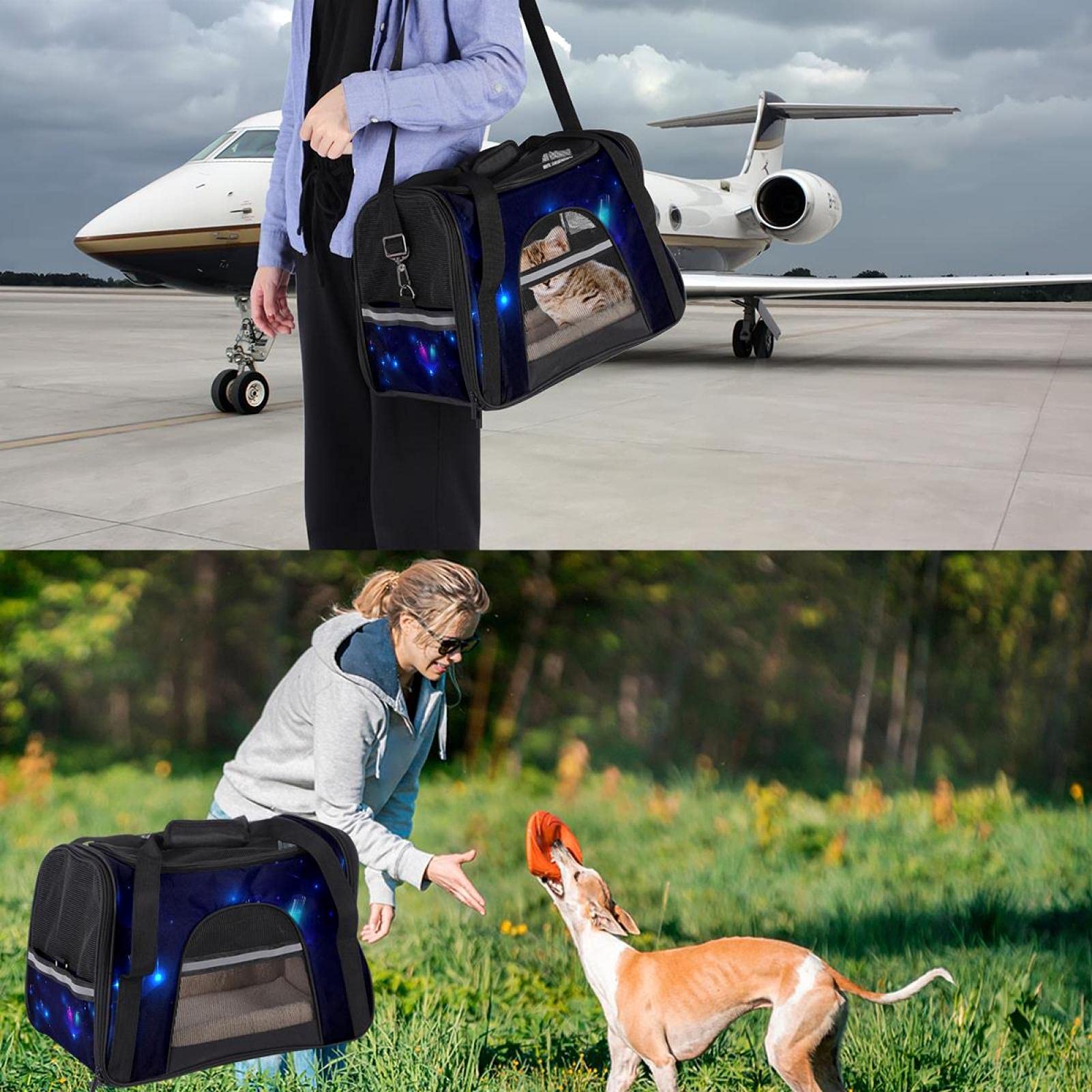 Bolsa portátil de viaje para mascotas, bolsas de lona aprobadas por aerolíneas para gato y conejo, con impresión futurista de laboratorio de ciencia de cara suave