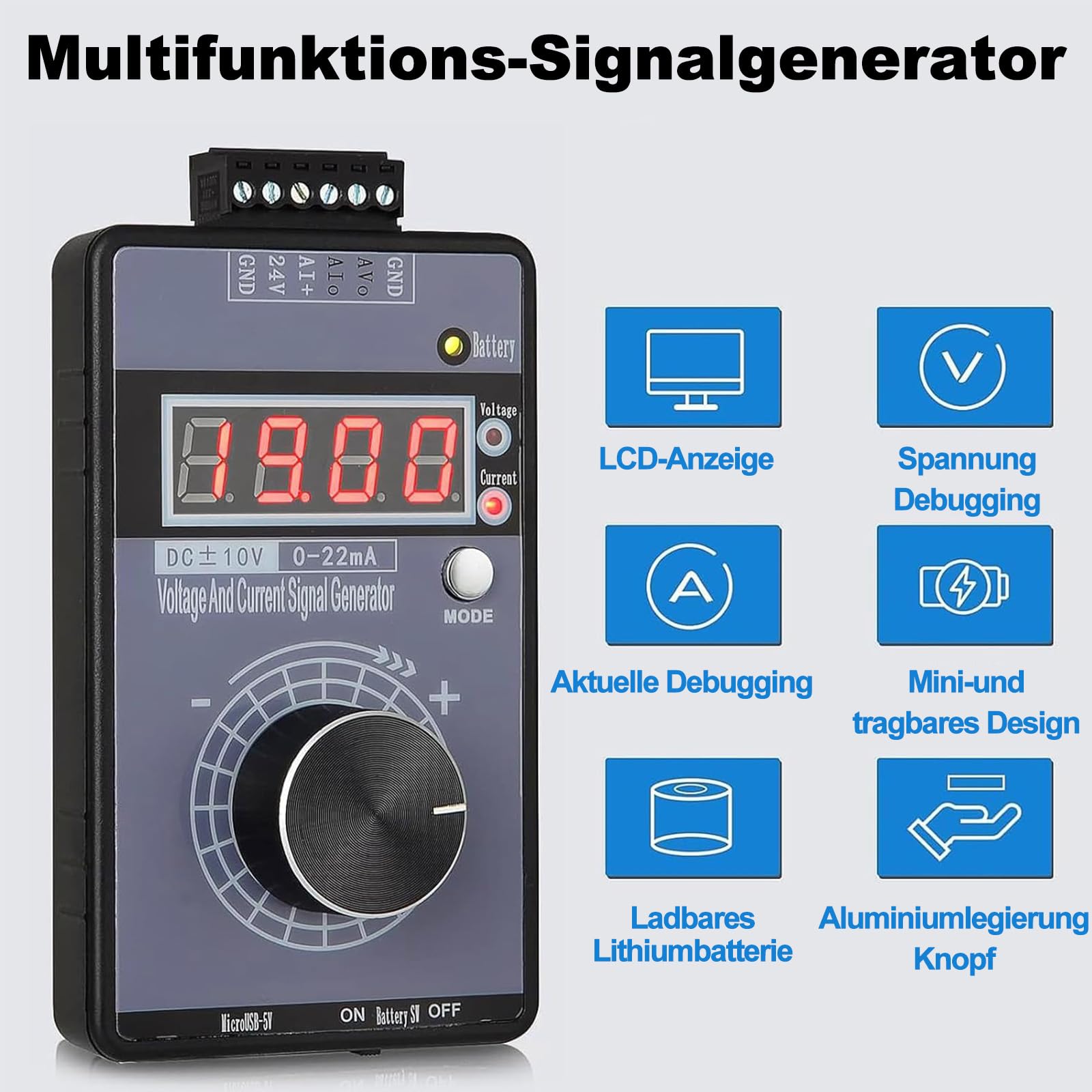 Handheld Digitaler Signalgenerator, 0-10V 0-22mA Einstellbare Spannungsstromsignalgenerator Analoger Simulator, Strom-Spannungs signal generator Stromspannung Analoger für SPS System Debugging