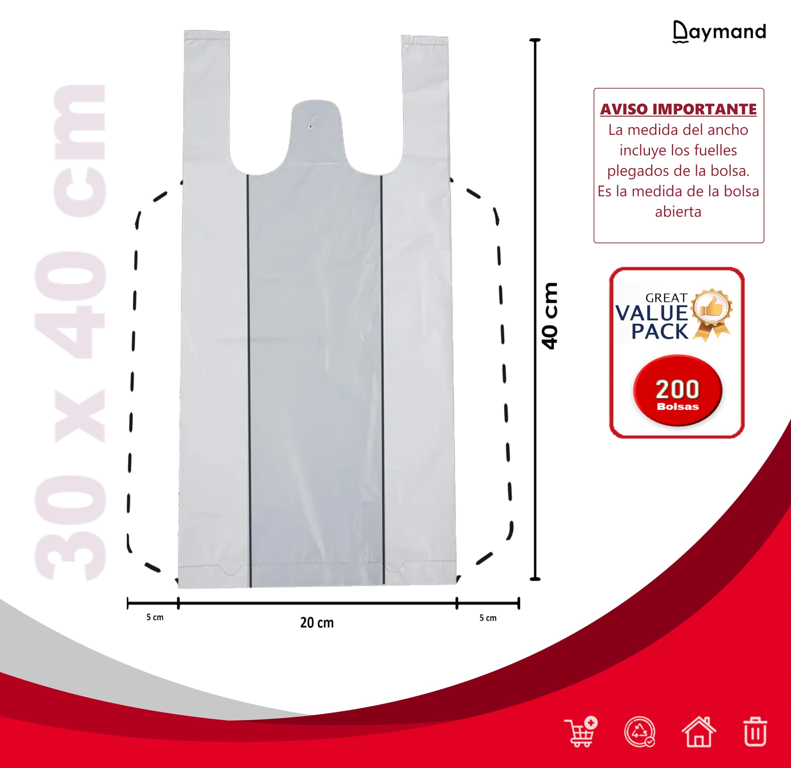 Bolsas Plastico con Asas 200 Unidades 30x40 cm Tipo Camiseta