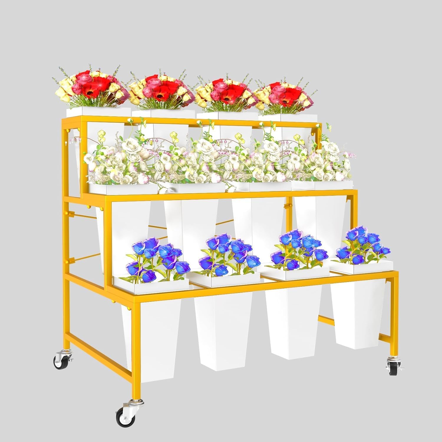 Blumenständer, 3-stöckig, Metall-Pflanzenständer mit 12 Kunststoff-Blumeneimern, beweglicher, robuster Blumenwagen, Blumenregal für drinnen und draußen, Terrasse, Garten, Wohnzimmer, Florist