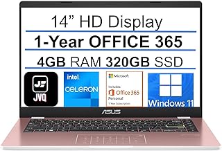 ASUS Newest 14" HD Laptop, Intel Celeron N4020 Processor(up to 2.8GHz), 320GB SSD(64GB eMMC+ 256GB SSD), 4GB RAM, Webcam, Intel HD Graphics, Bluetooth, Win11 S + 1 Year Office 365, Rose Gold, JVQ