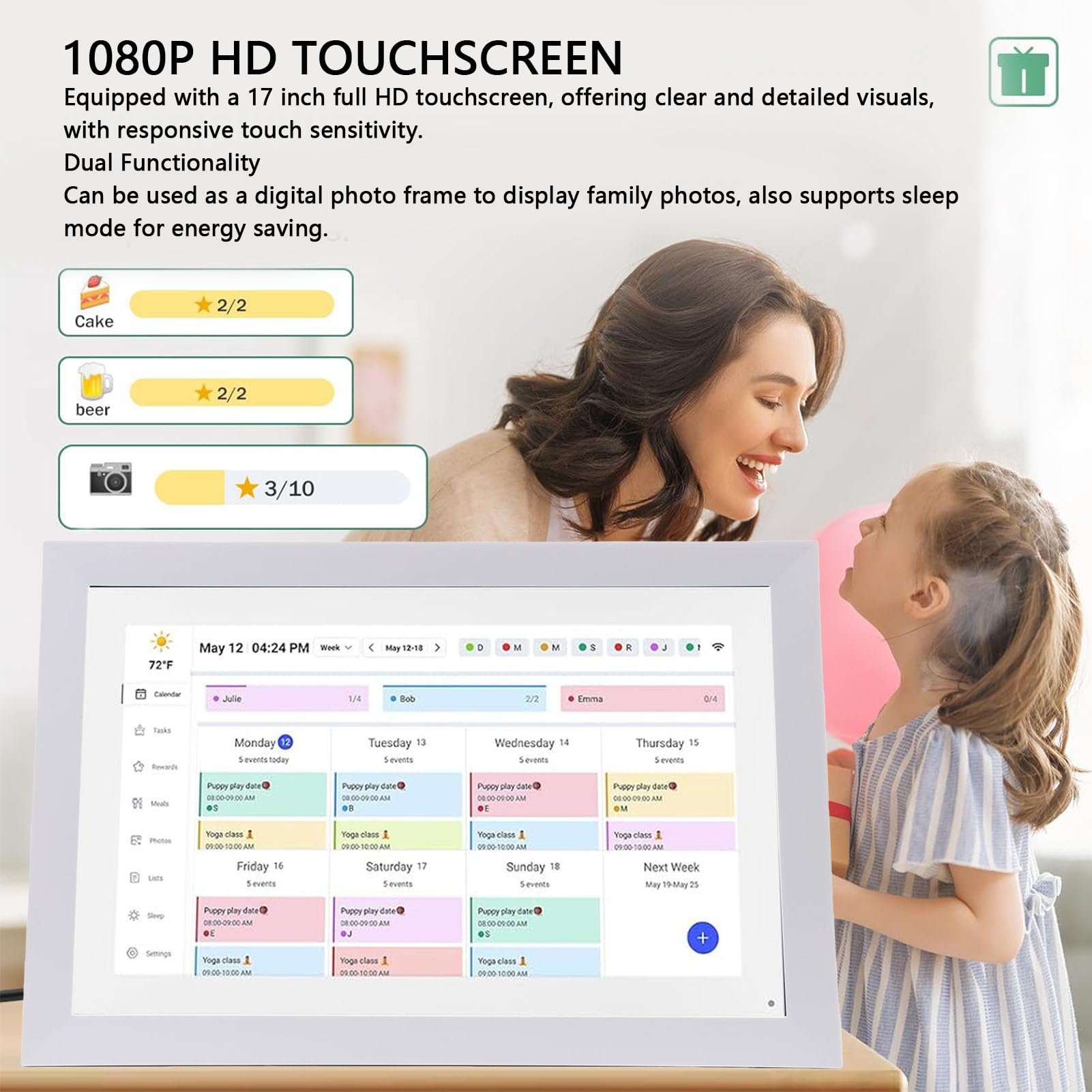 KKPLZZ Digitaler Kalender 17 Zoll 1080P HD-Touchscreen, 32 GB Speicher, WLAN, Intelligenter Familienplaner mit Aufgabentabelle, für die Koordination des Heimplans (EU-Stecker)