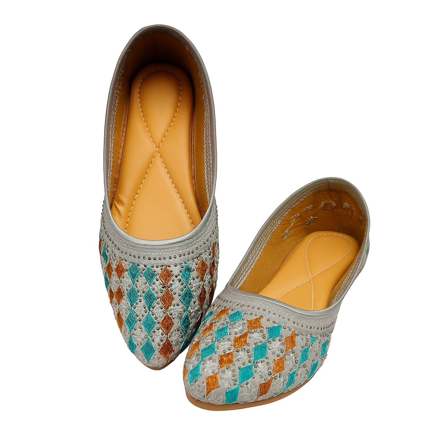 Women's Traditional Embroidered Ballet Flats, Grey with Turquoise and Orange Diamond Pattern, Handcrafted Slip-On Mojari-image-42