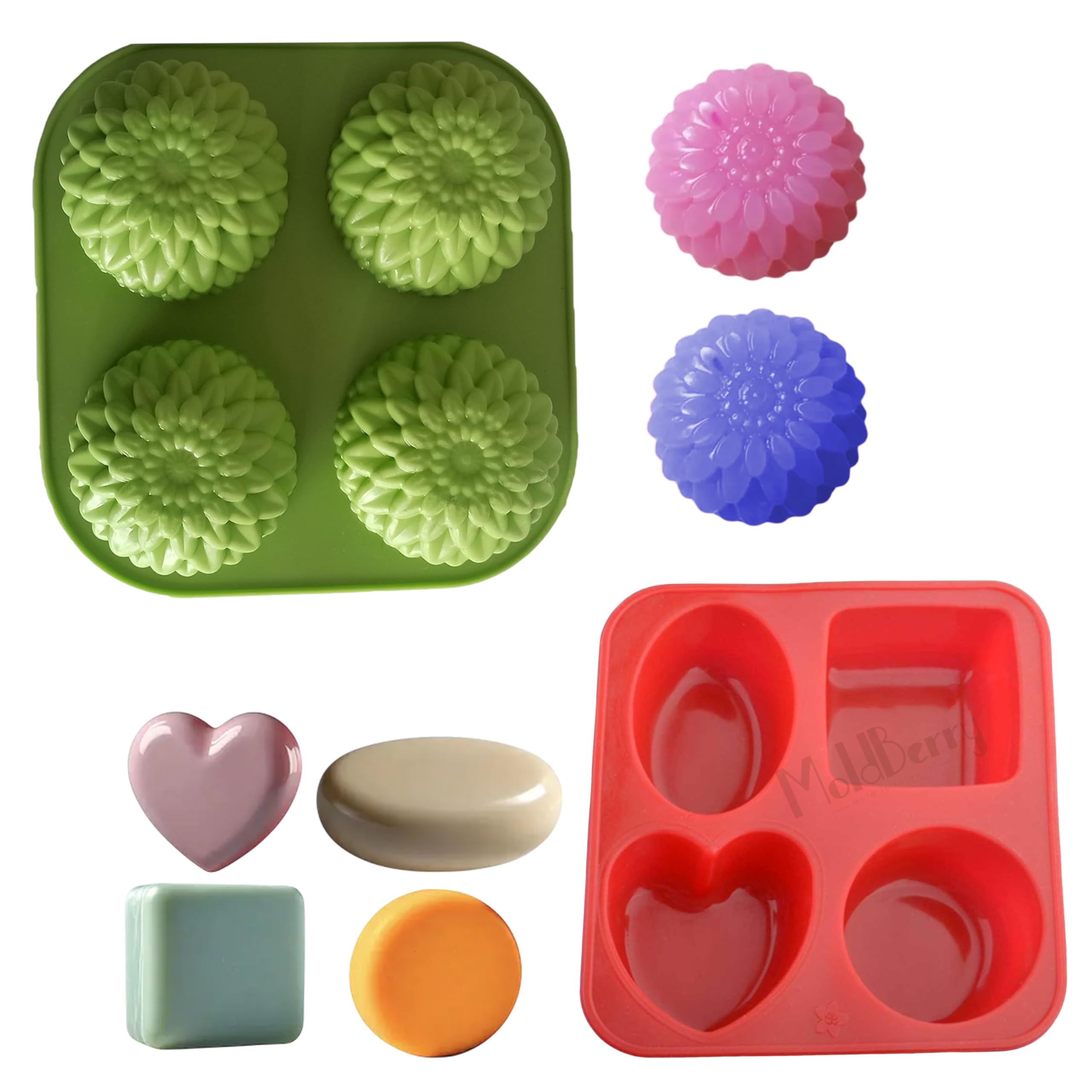 MoldBerry Silicone Soap Mould Combo Set – 2 Pcs Flower, Heart, Circle, Oval, Square Shapes for Handmade Soap, Cake, Bath Bomb, Lotion Bar – Multicolor-image-29