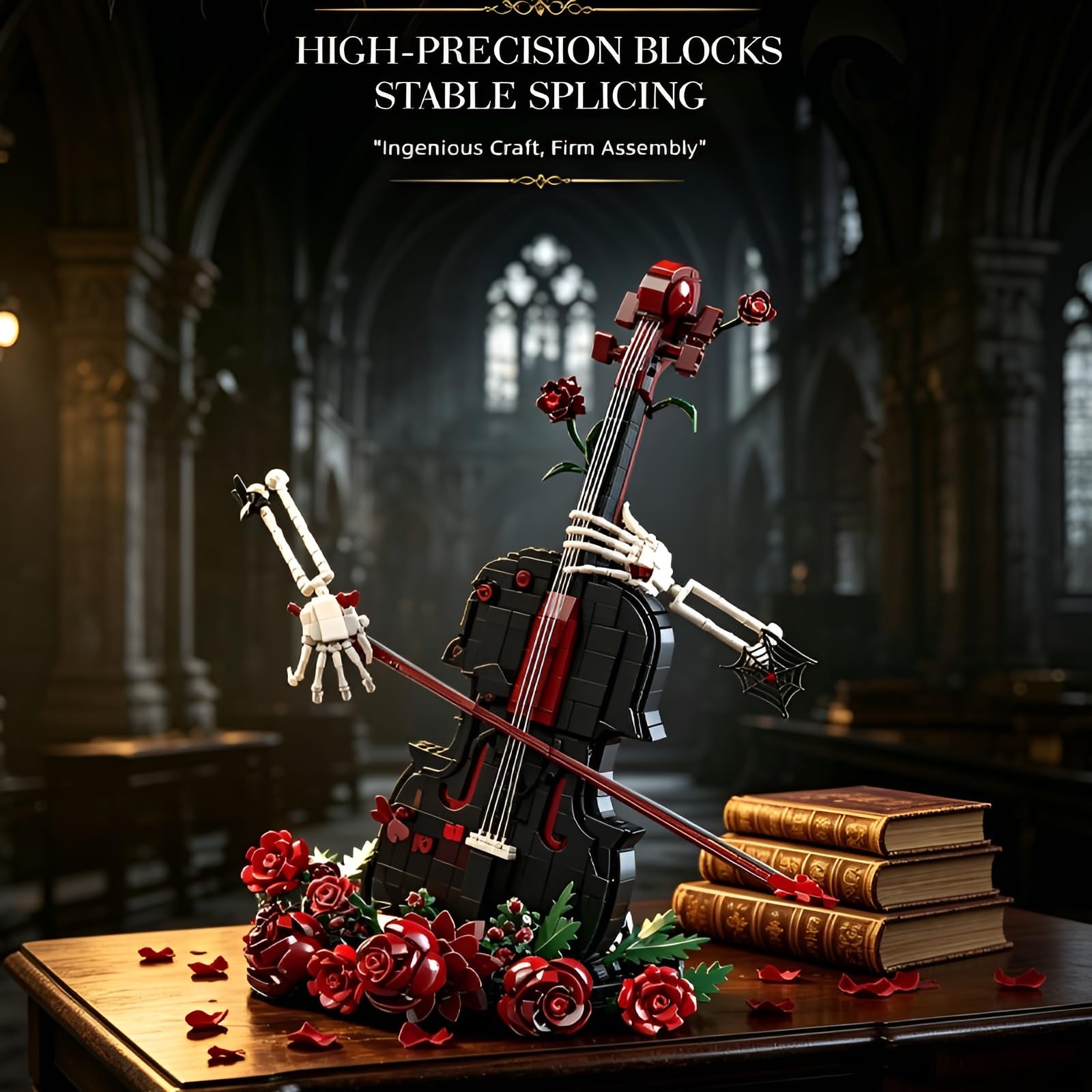 Gothic Rosen Geigen Bauklötze Set, 1429 Teile Sammlbares Musikinstrument Modell mit Skelett Händen & roten Rosen, Dekoratives Baukasten Display für Erwachsene & Teenager