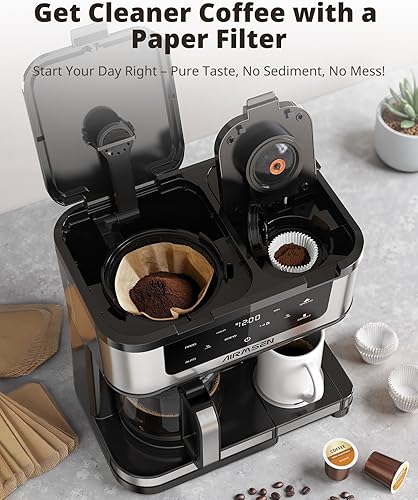 Miniatura 7 de AIRMSEN Cafetera dual programable de 12 tazas Máquina de una sola porción para cápsulas K-Cup y molida, preparación rápida de 1000 W, inicio