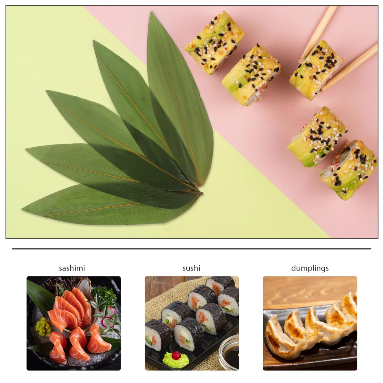 VICASKY Lot de 100 feuilles de sushi - Pour feuilles de banane, feuilles de banane, feuilles de bananier fraîches - Décoratives japonaises - Feuilles de bambou vertes - Cuisine fraîche