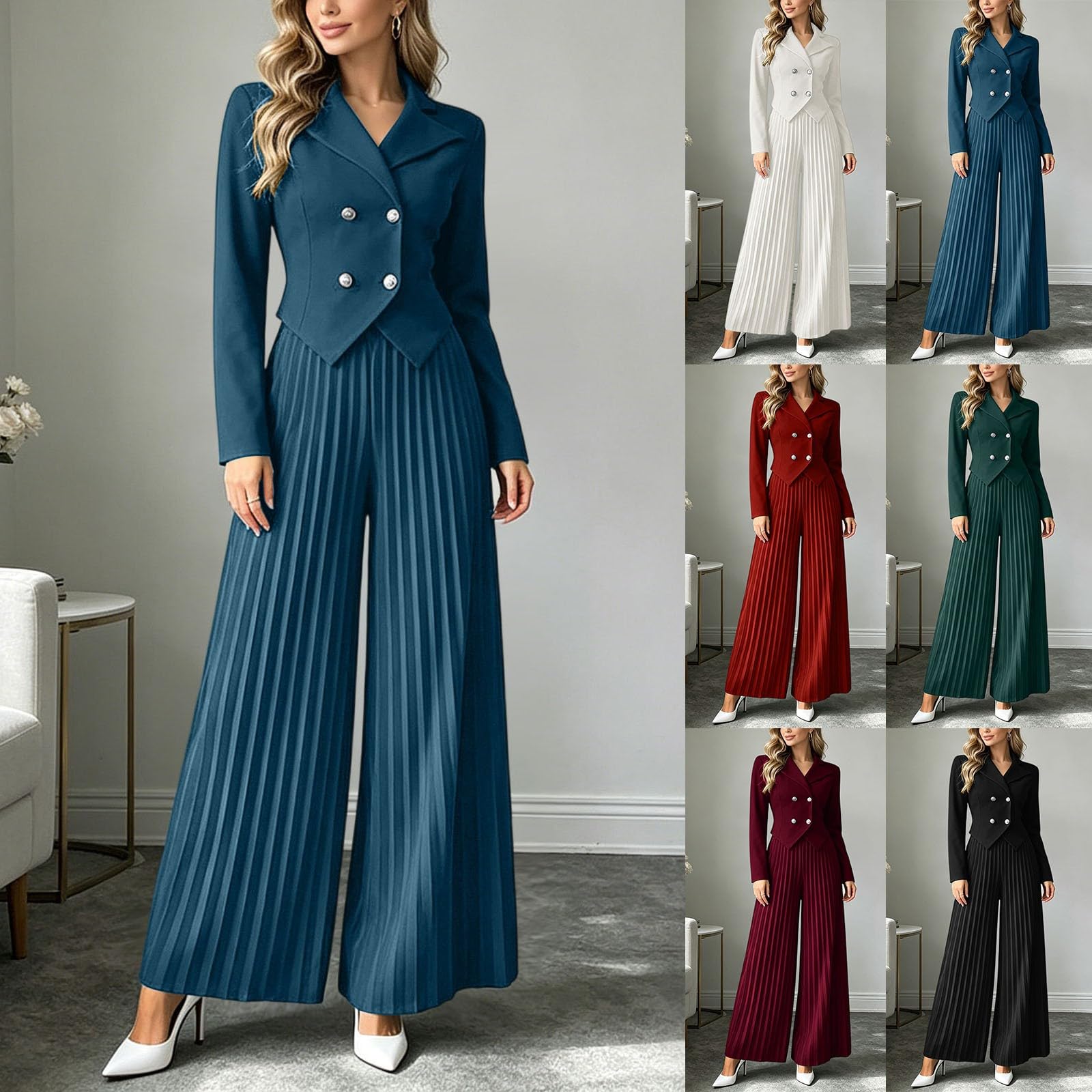 Traje de pantalón para mujer, elegante, de 2 piezas, chaqueta de traje, manga larga, monocolor, juego de traje ajustado, traje festivo, traje de ocio sencillo, con solapa, abrigo deportivo y