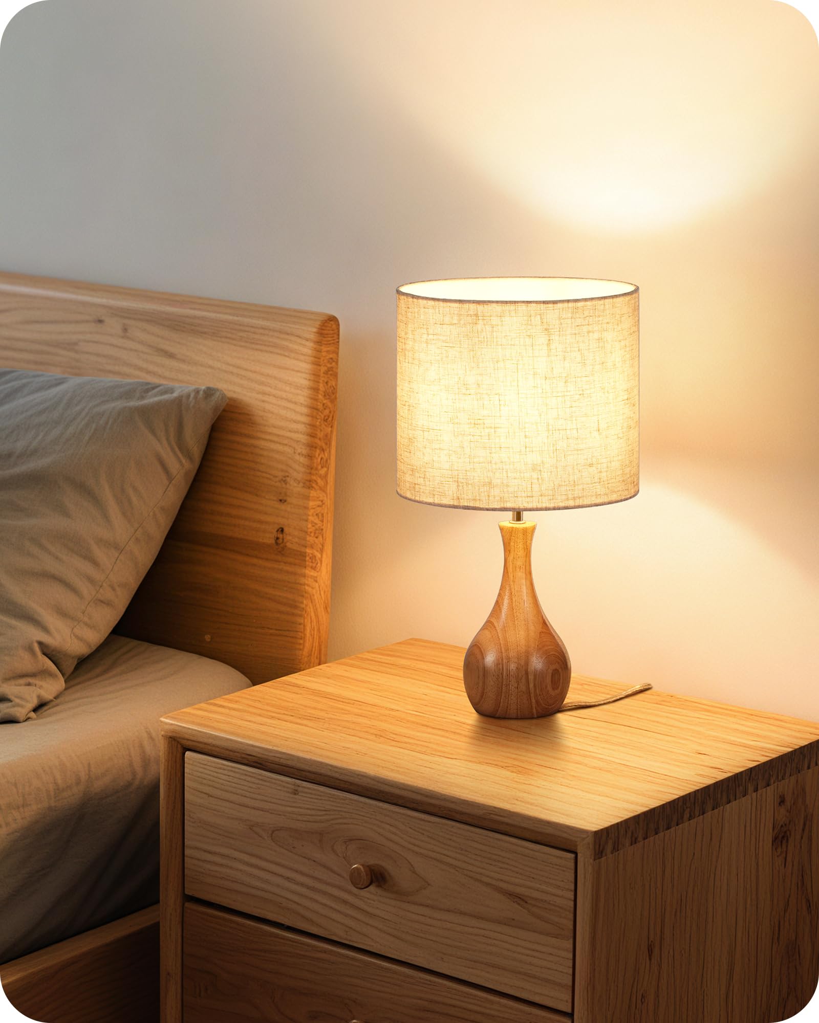 Lampada da comodino in legno, moderna lampada da tavolo per soggiorno, beige | Lampada da tavolo con cavo, lampada da davanzale in lino, E27, 2700 K, per camera da letto, comodino, regalo, hotel