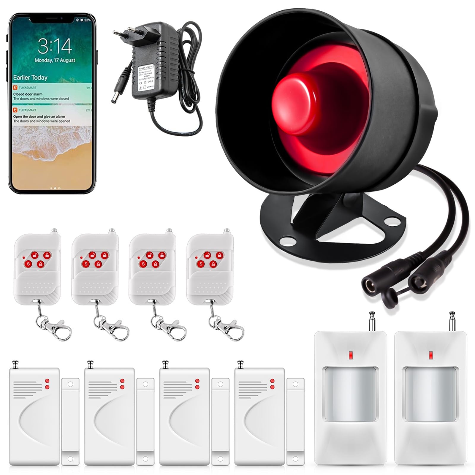 Alarma Puerta con Sirena, Alarmas para Casa WiFi sin Cuotas 115dB Sirena Alarma con Sensor de Movimiento, Sensor Puerta, Control Remoto Sistema de Seguridad para el Hogar Compatible con Alexa