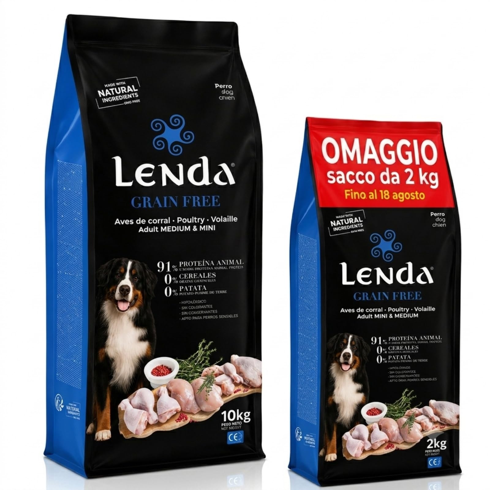 Lenda Grain Free anatra e tacchino 10 kg – Cibo ipoallergenico alto in carne senza cereali per cani – Mangime senza cereali o patate per la digestione – con probiotici e condroprotettori per