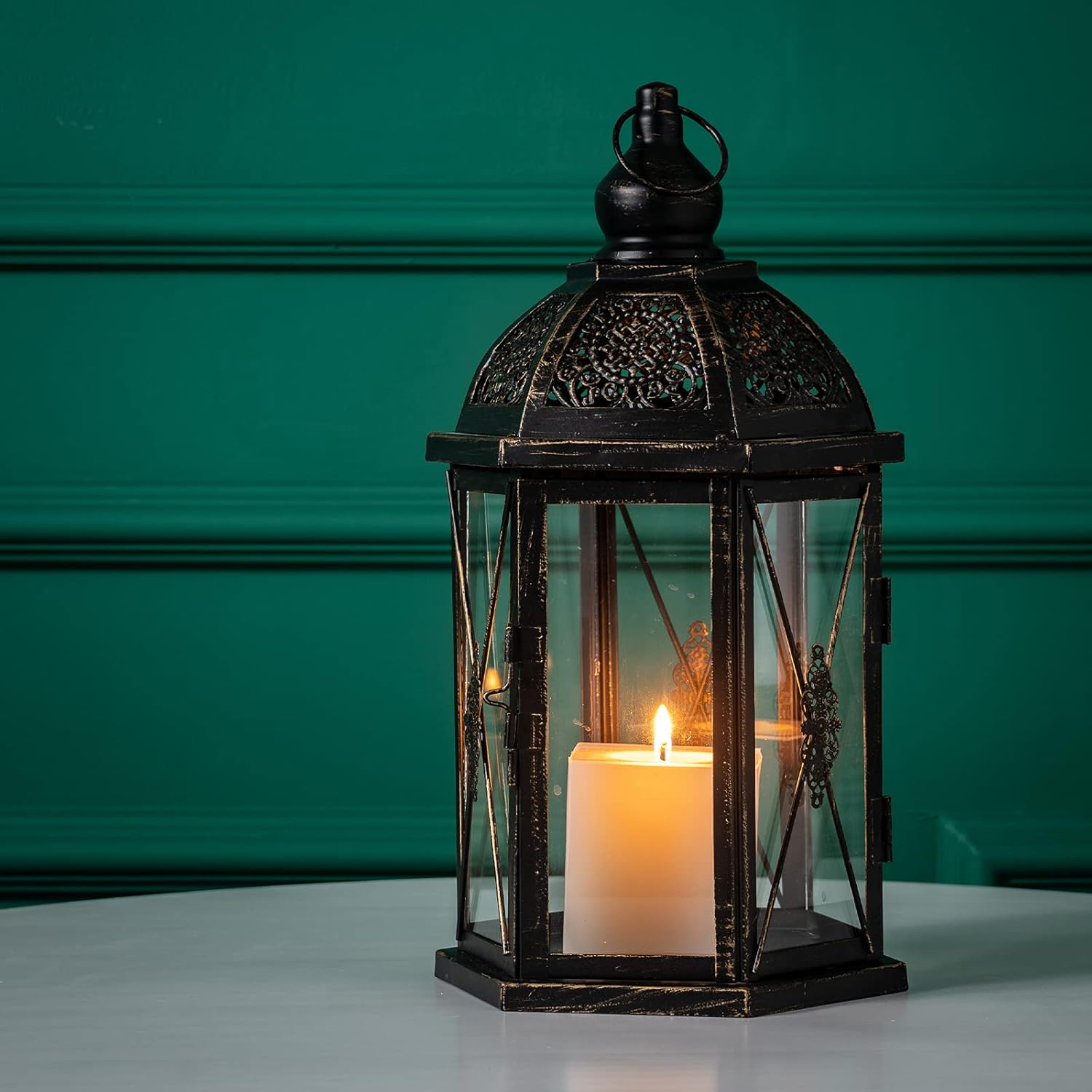 DECORKEY Candle Lantern Decorative, 15.2 inch Large Size Hexagon Hanging, Vintage Metal Candle Holder for Outdoor Patio Wedding Party Christmas Spring in Black : Home & Kitchen