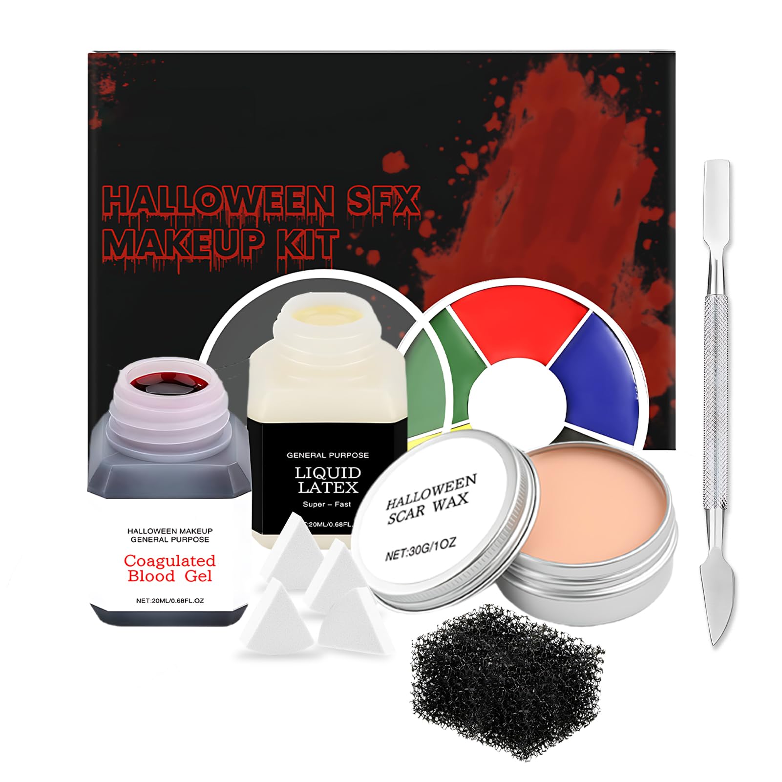 WEILAOK Halloween SFX Makeup Kits, Liquid Latex Makeup SFX, Fale Blood+Liquid Latex+Scar Wax+Six-Bruise Makeup