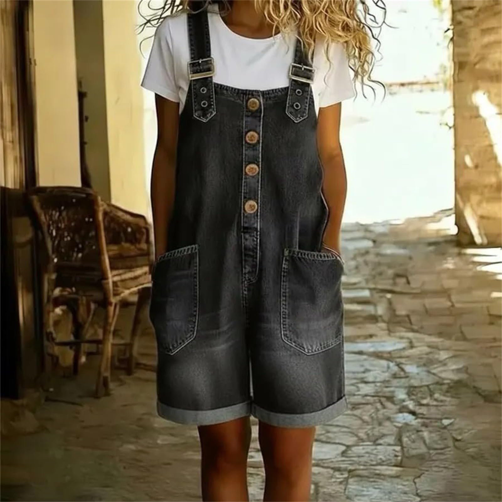 Generisch Salopette da donna in jeans a gamba larga, con spalline regolabili, in denim lavato, oversize, baggy, da lavoro, casual, con tasca