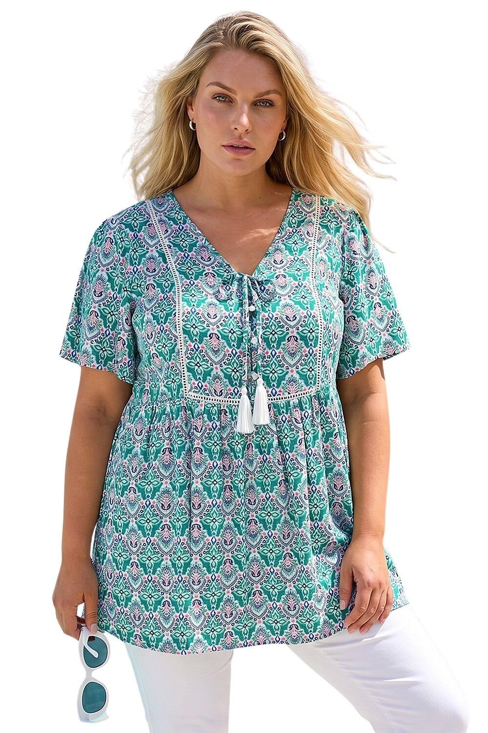 Roman Originals Women's Green Roman Curve Tie Front Boho Printed Top For Uk - Everyday Holiday Spring Summer V-Neckline Comfy Soft Evening Vacation Work Party - Size 18