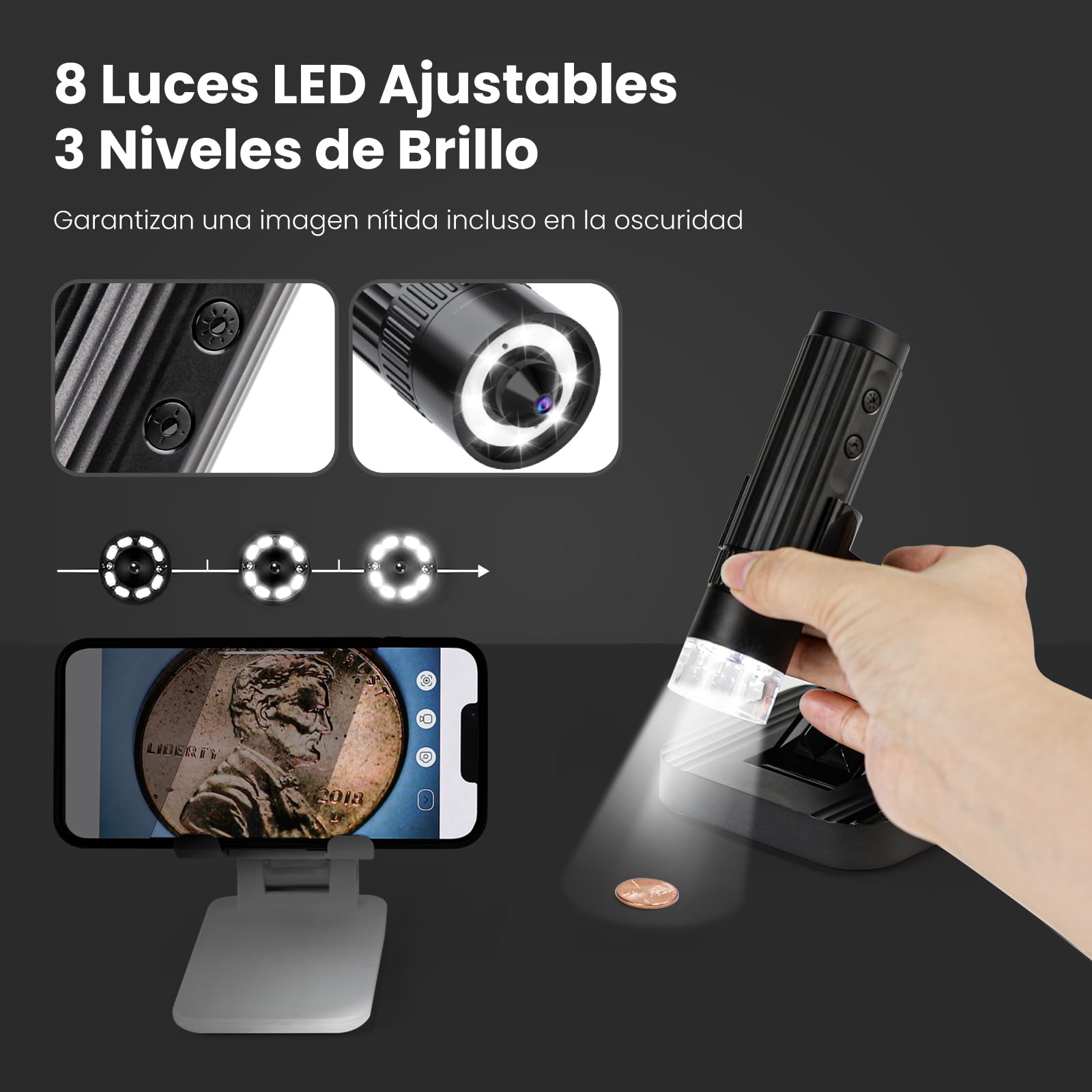 MatataStudio M2C Cyfrowy Mikroskop USB - Bezprzewodowy WiFi 50X-1000X 1080P HD, Przenośny z Regulowanym Stojakiem, 8 x LED, Kieszonkowy do iPhone'a, iPada, PC