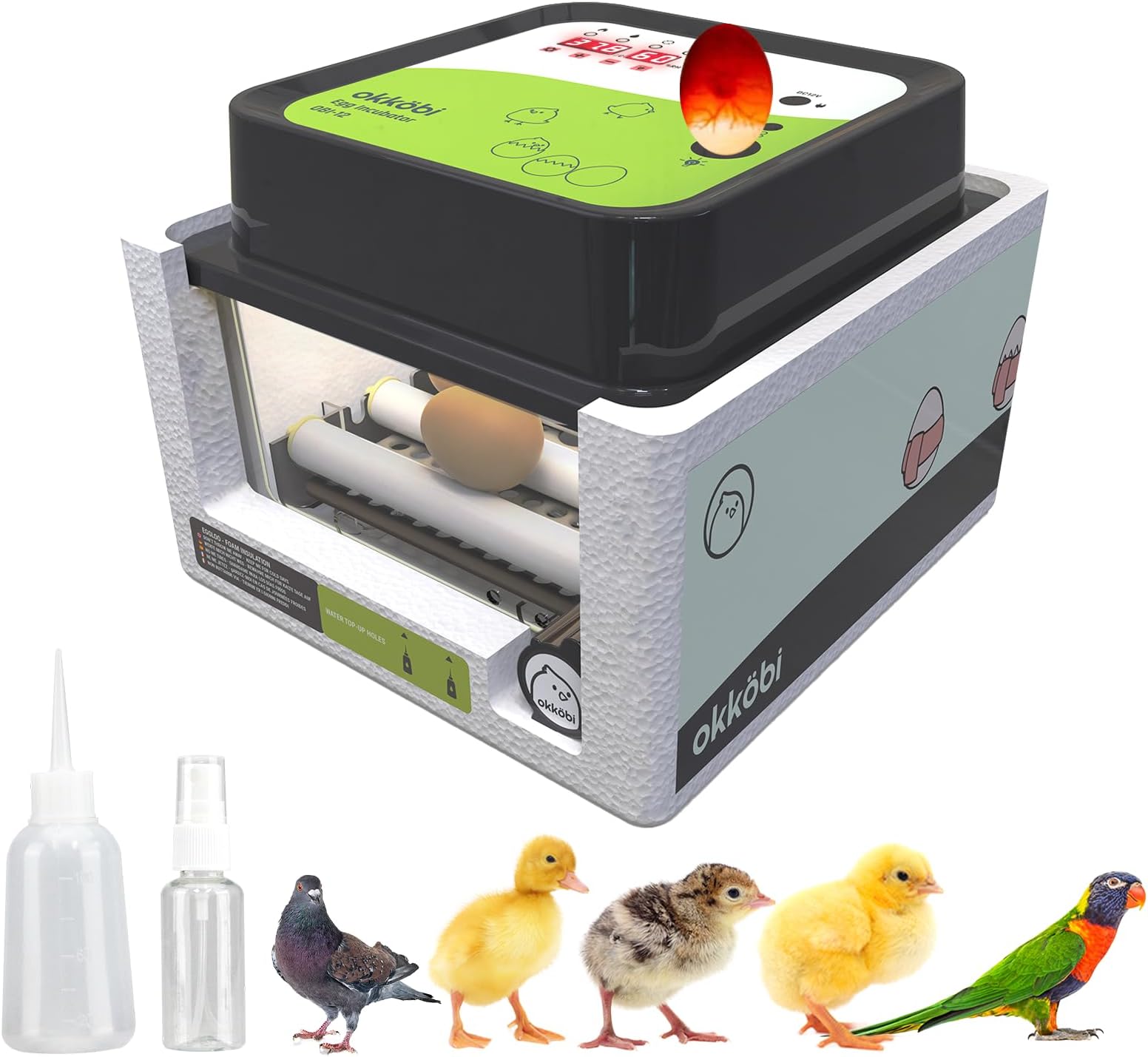 Okköbi OBI-12 Egg Incubator for Hatching Chickens, Ducks & Other Birds + Temperature Control + Humidity Display + Integrated Egg Candler + Automatic Egg Turner + 5 YEAR ASSURANCE