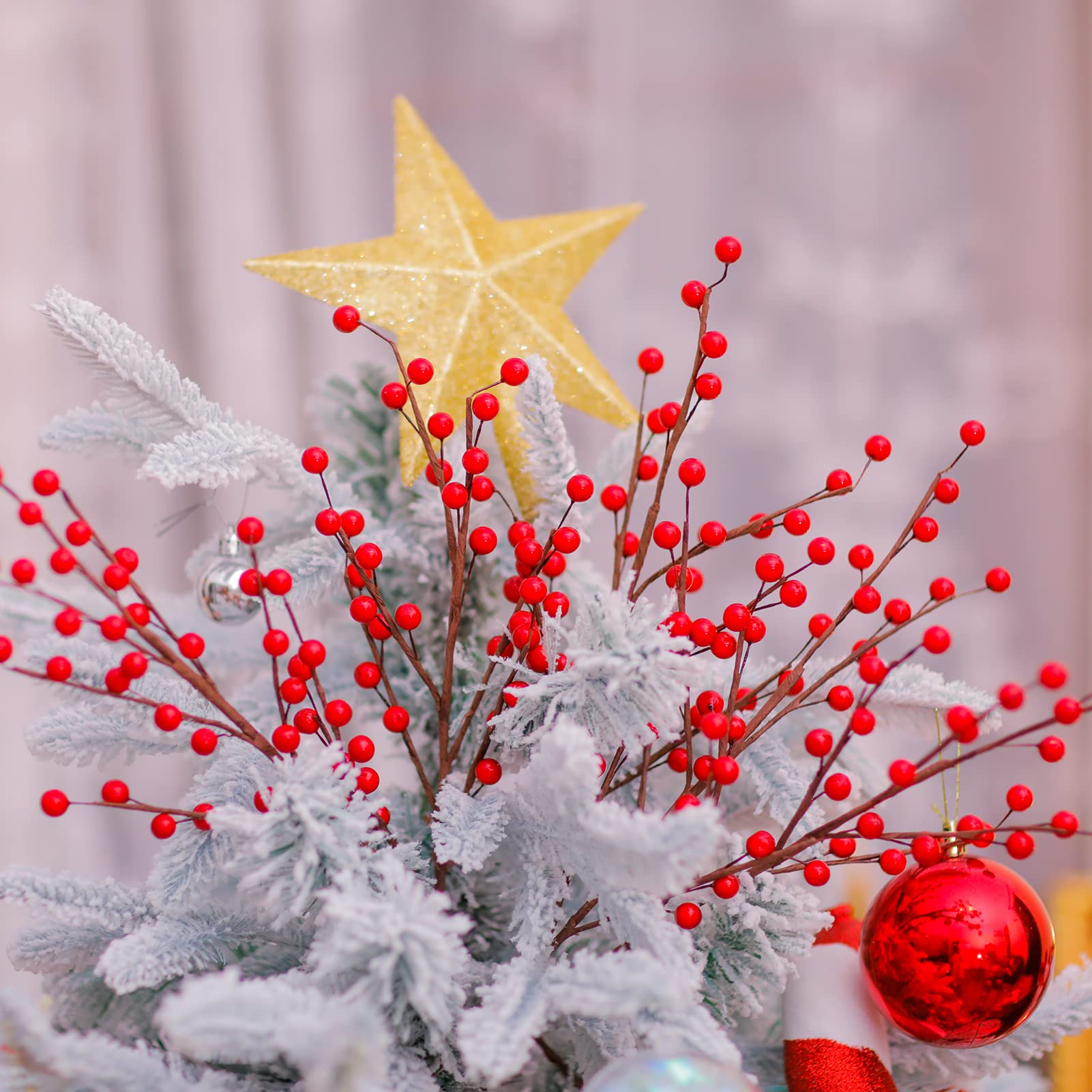 Rote Stechpalmenbeerenstiele für Weihnachtsbaum, insgesamt 1200 rote Beeren, 35,1 cm, 48 Stück, nicht wasserdicht, hängende Weihnachtsdekoration, künstliche Burgunderbeeren, künstliche