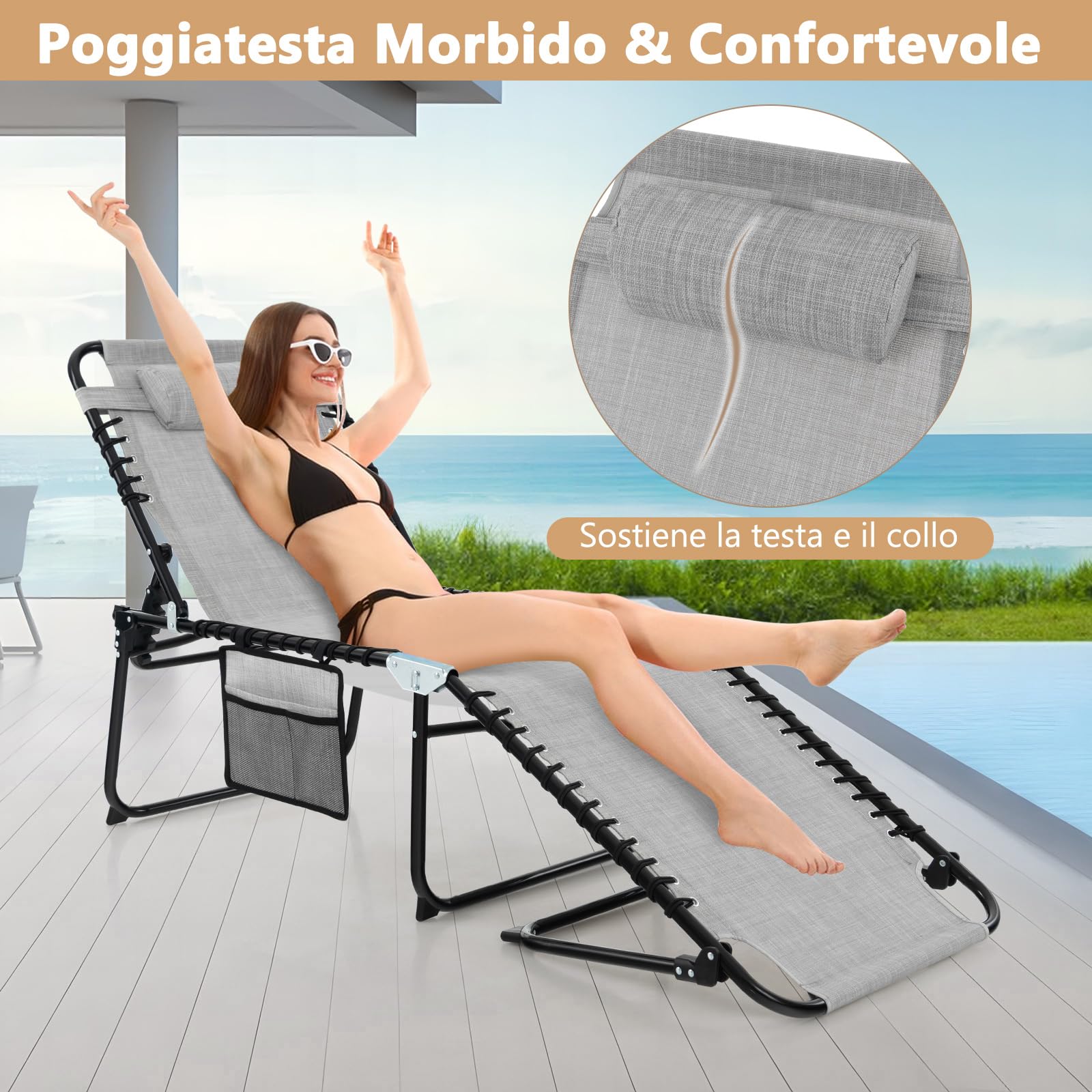 COSTWAY Lettino da Spiaggia Pieghevole Portatile, Sdraio da Mare con Schienale Regolabile 4 Posizioni, Tasca Laterale e Poggiatesta Staccabile, per Giardino e Campeggio, Portata 150 kg (Grigio)