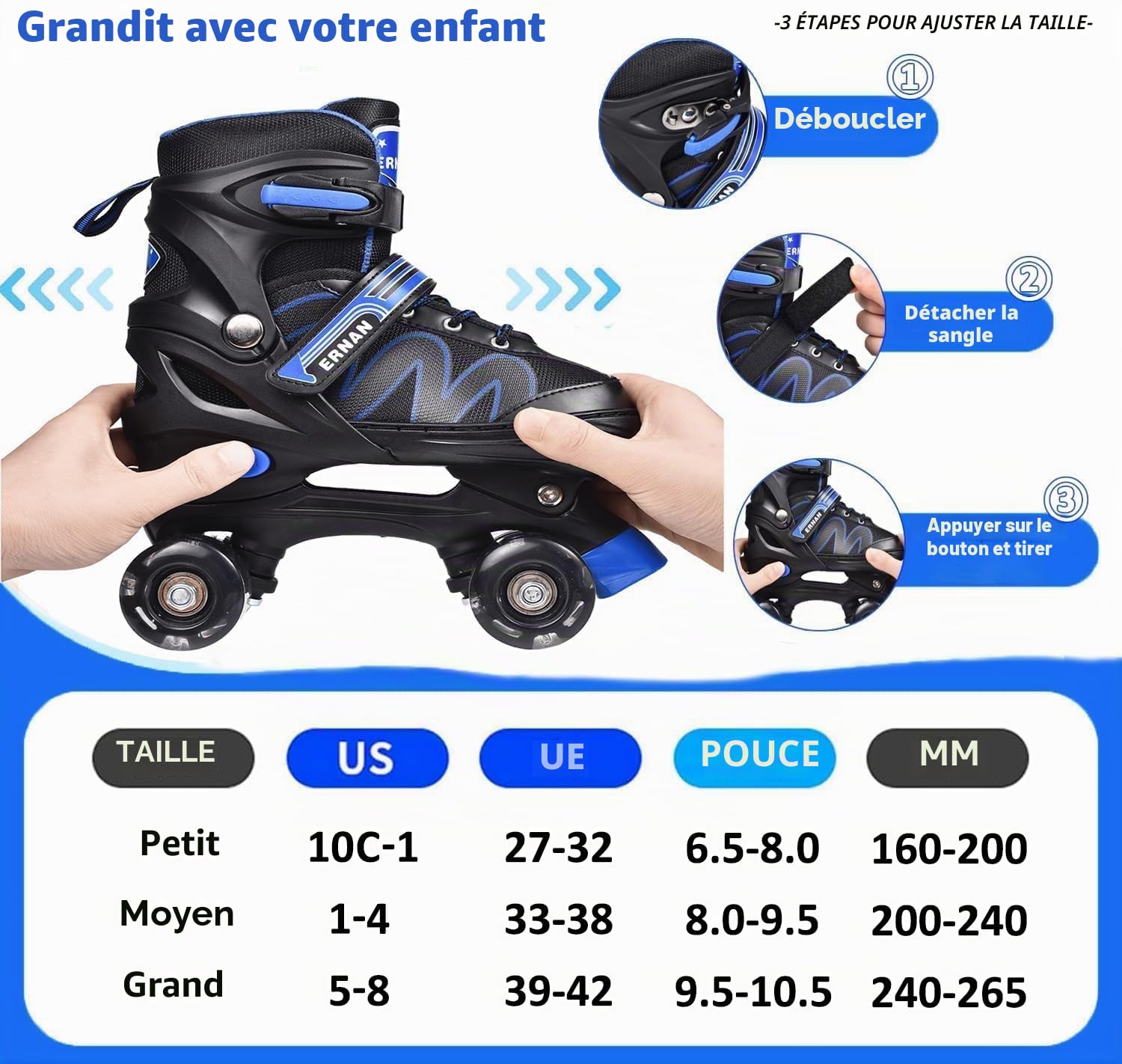 ERNAN Roller Enfant Filles et Garçons,Patin a Roulette Enfant 4 Taille Réglable, Roller Quad Enfant avec 8 Roues Lumineuses. Patins à roulettes pour Enfants pour débutants