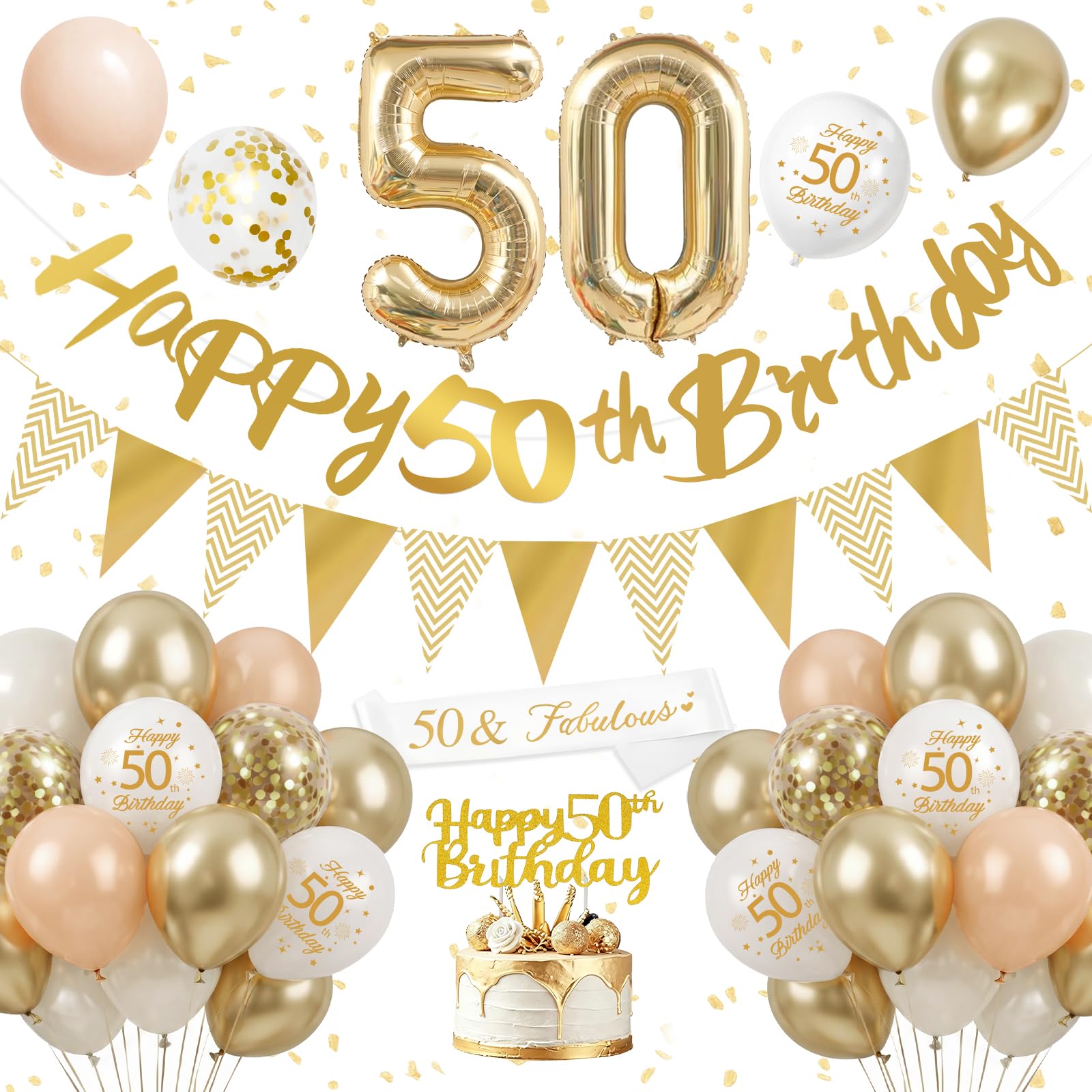 50th Birthday Decorations for Women Men, Gold and White Birthday Balloons with Number 50 Foil Balloons, Happy 50th Birthday Banner, Bunting, Cake Topper, Sash, White Gold Birthday Party Decoration