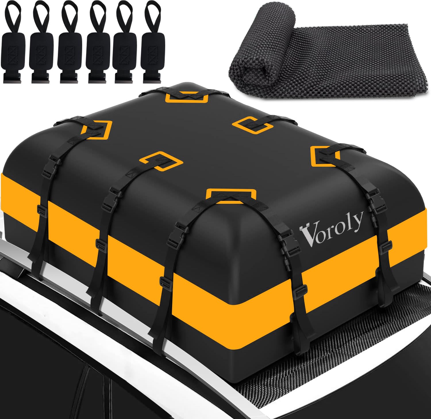 Voroly 21 Cubic feet Car Roof Bag Rooftop top Cargo Carrier Bag Waterproof for All Cars with/Without Rack, Includes Anti-Slip Mat, 10 Reinforced Straps, 6 Door Hooks (21 Cubic)-image-31