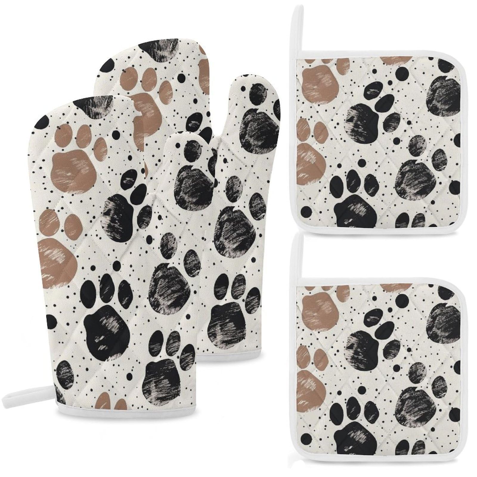 Oven Mitts and Pot Holders Set of 4 Heat Resistant Non-Slip Kitchen Gloves Hot Pads Dog Paw Mittens Gloves Non-Slip Potholders for Cooking Baking Grilling BBQ