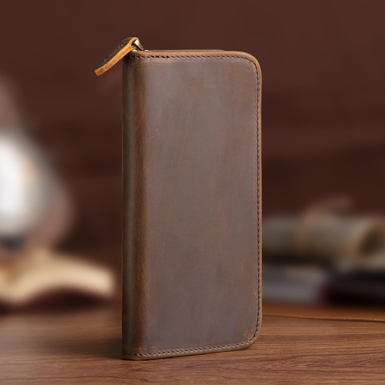 Asvine Fountain Pen Case 3 Divided Slots Crazy Horse Leather Pen Holder, Handmade Display Zippered Pouch for Rollerball Pen-Retro - Image 7