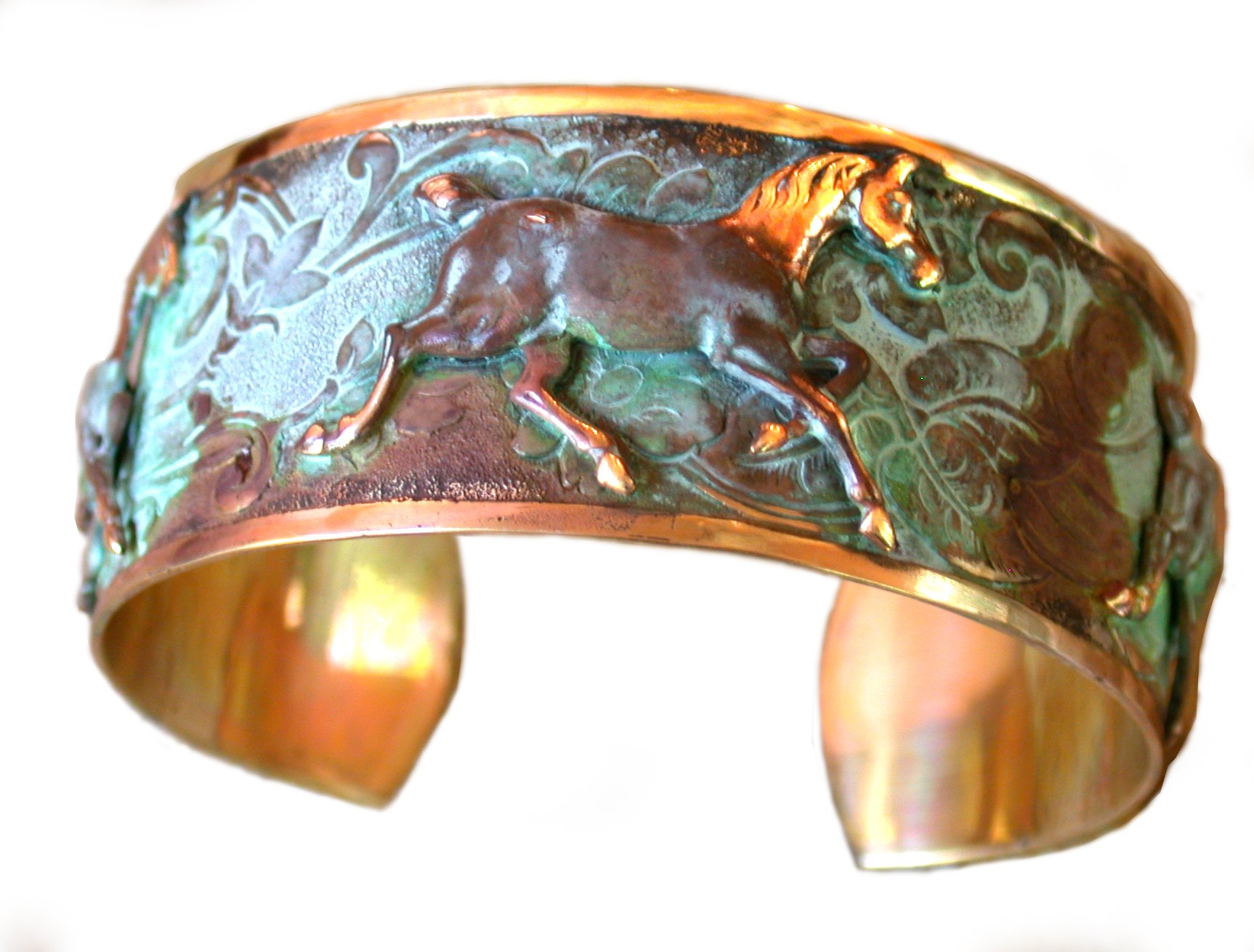 Elaine Coyne Collectible Artwear Verdigris Patina Contemporary Running Horse Cuff Bracelet