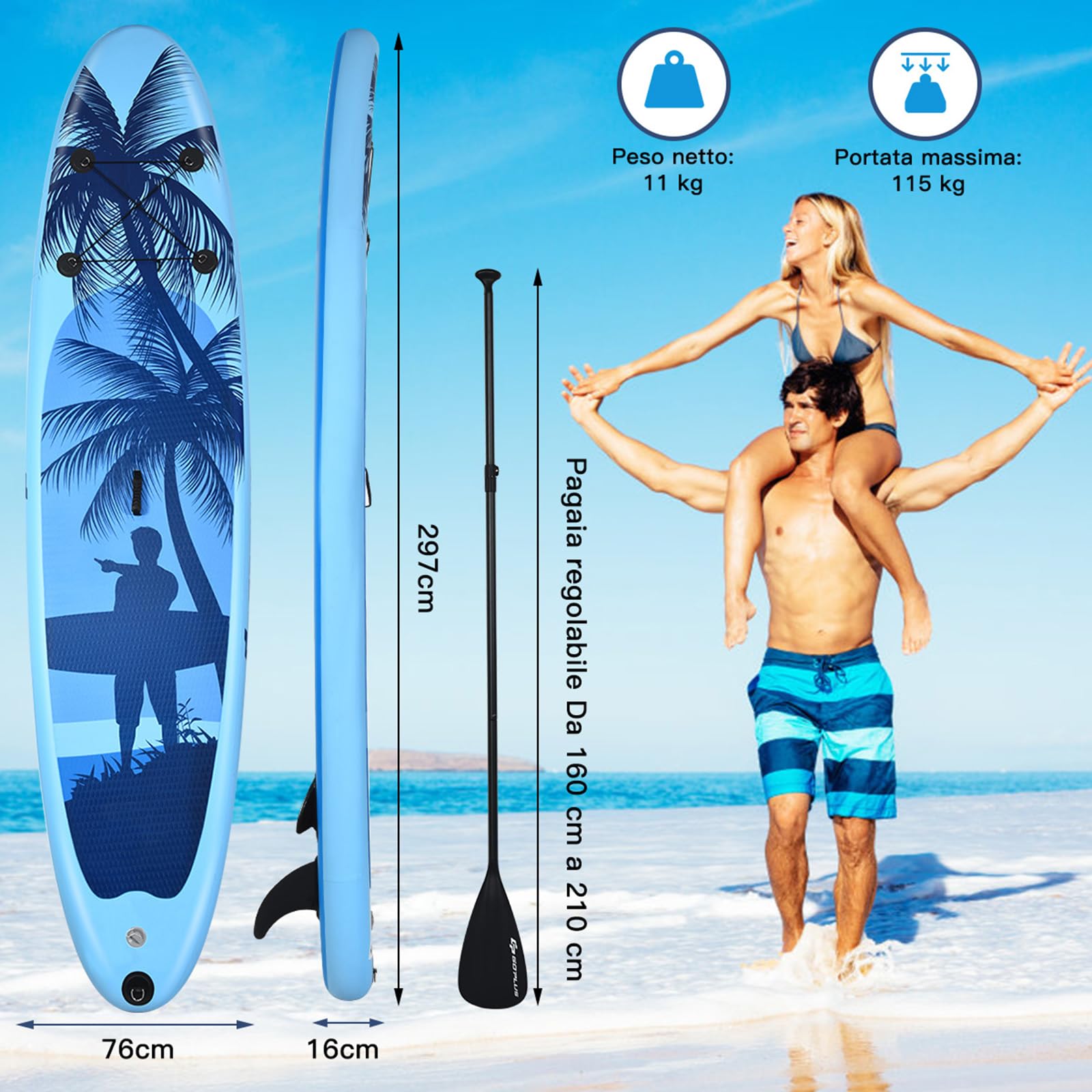 COSTWAY SUP Stand Up Paddle Board Tavola da SUP Gonfiabile con Borsa e Pinne