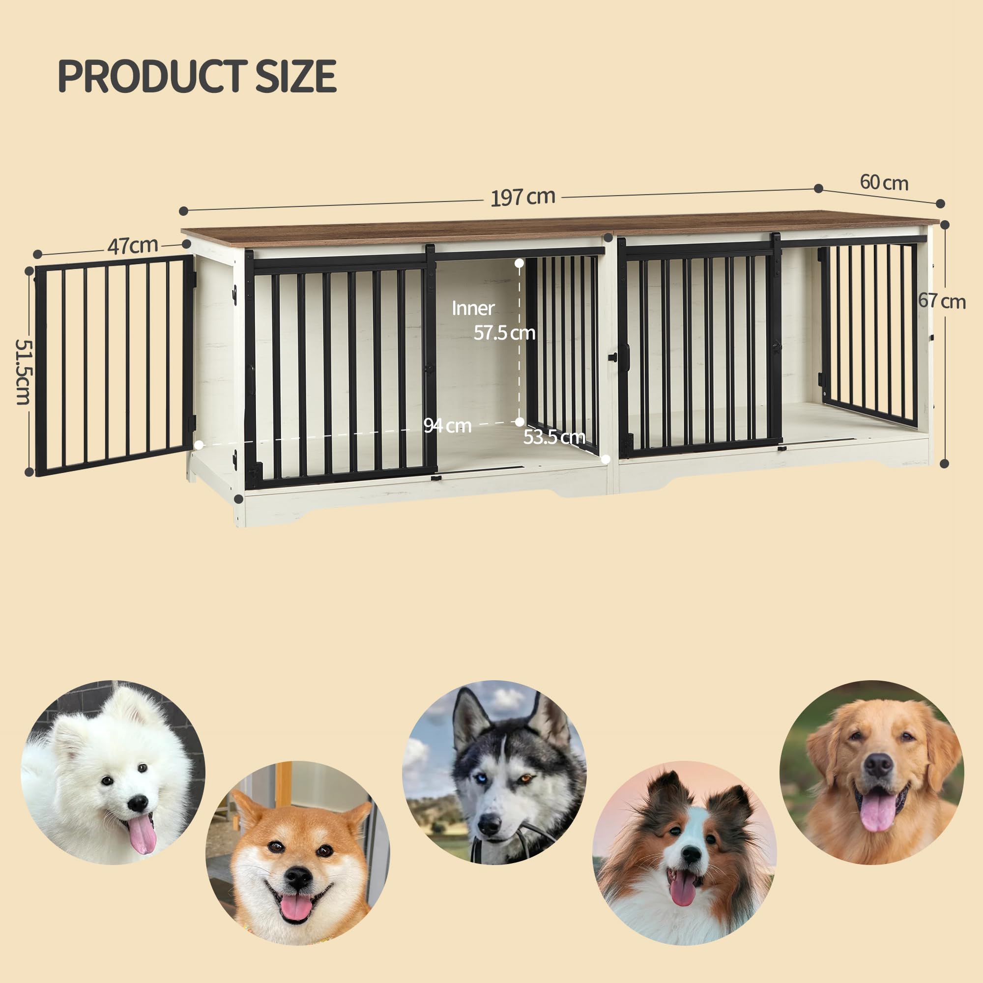 Hzuaneri Meuble pour Cage de 2 Chiens, Cage Double avec Séparateur, Niche en Bois, Cages avec Porte Coulissante, Design Meuble TV pour Chiens de Moyens et Grands Taille, Blanc et Marron DFC93714B