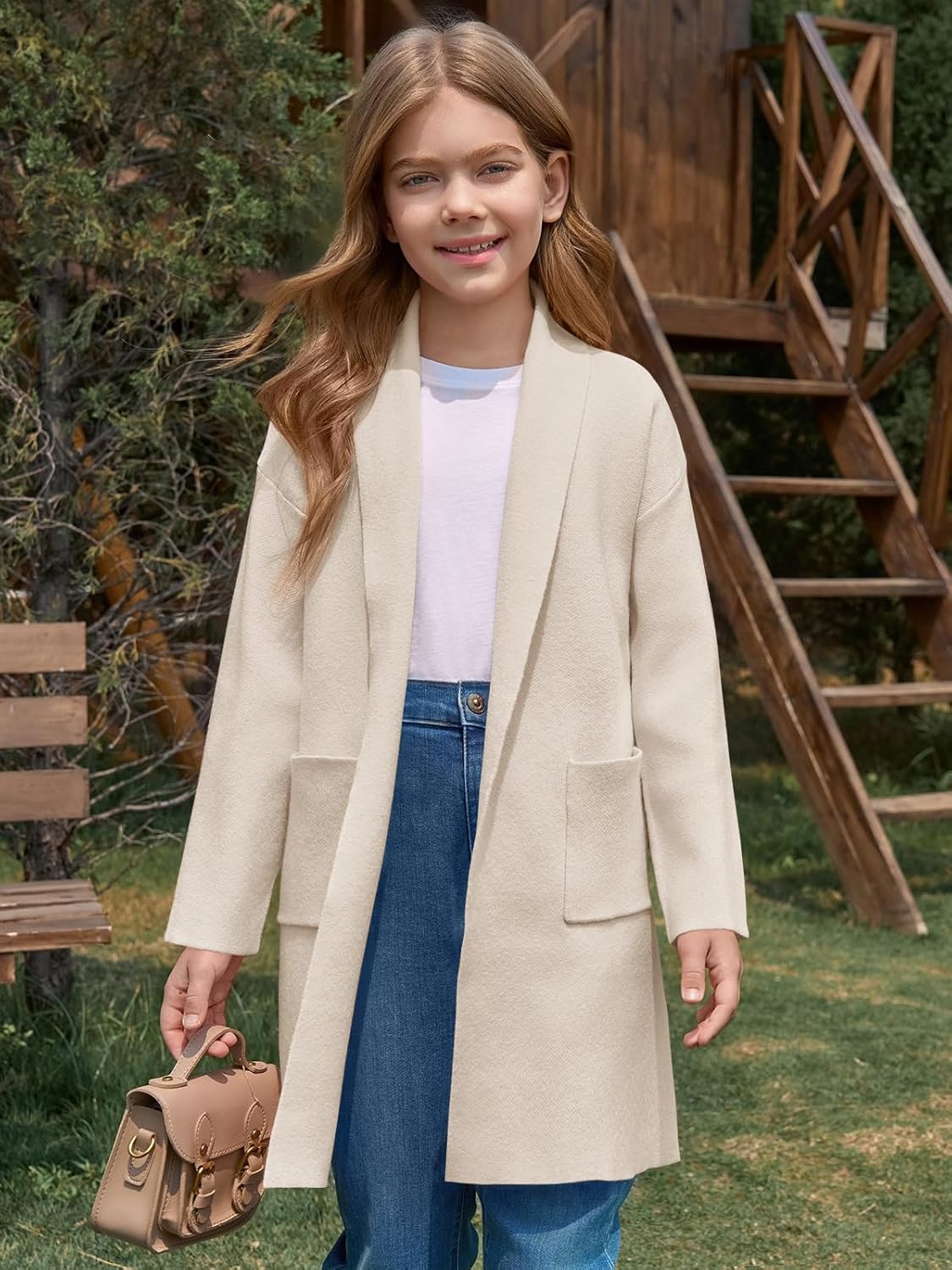 Haloumoning Girls Long Cardigan Sweaters Kids Oversized Open Front Knit Outerwear with Pockets 5-14 Years - Image 3