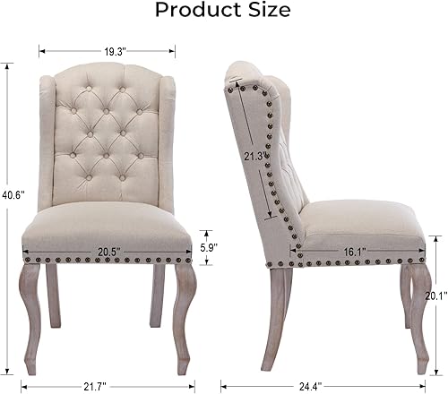 Miniatura 3 de Accent Juego de 2 sillas de comedor tapizadas Parsons con respaldo de ala y patas de madera maciza, silla auxiliar moderna de mediados de siglo para