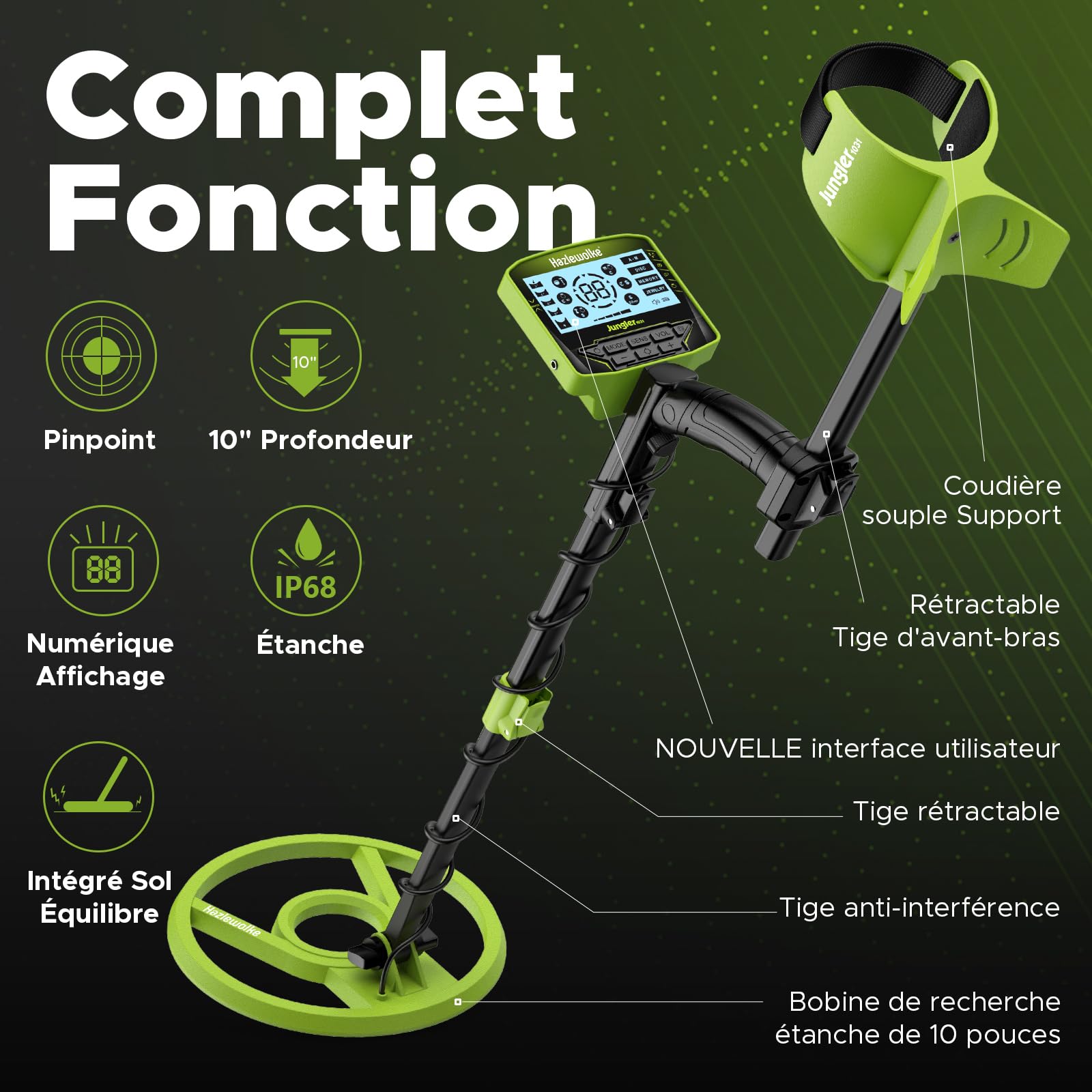 Hazlewolke Detecteur de Metaux pour Adultes, Plus Haute Précision avec Bobine Étanche de 25cm (10"), Plus Grand Écran LCD, 5 Modes Professionnels avec Pinpoint pour la Détection de l'or