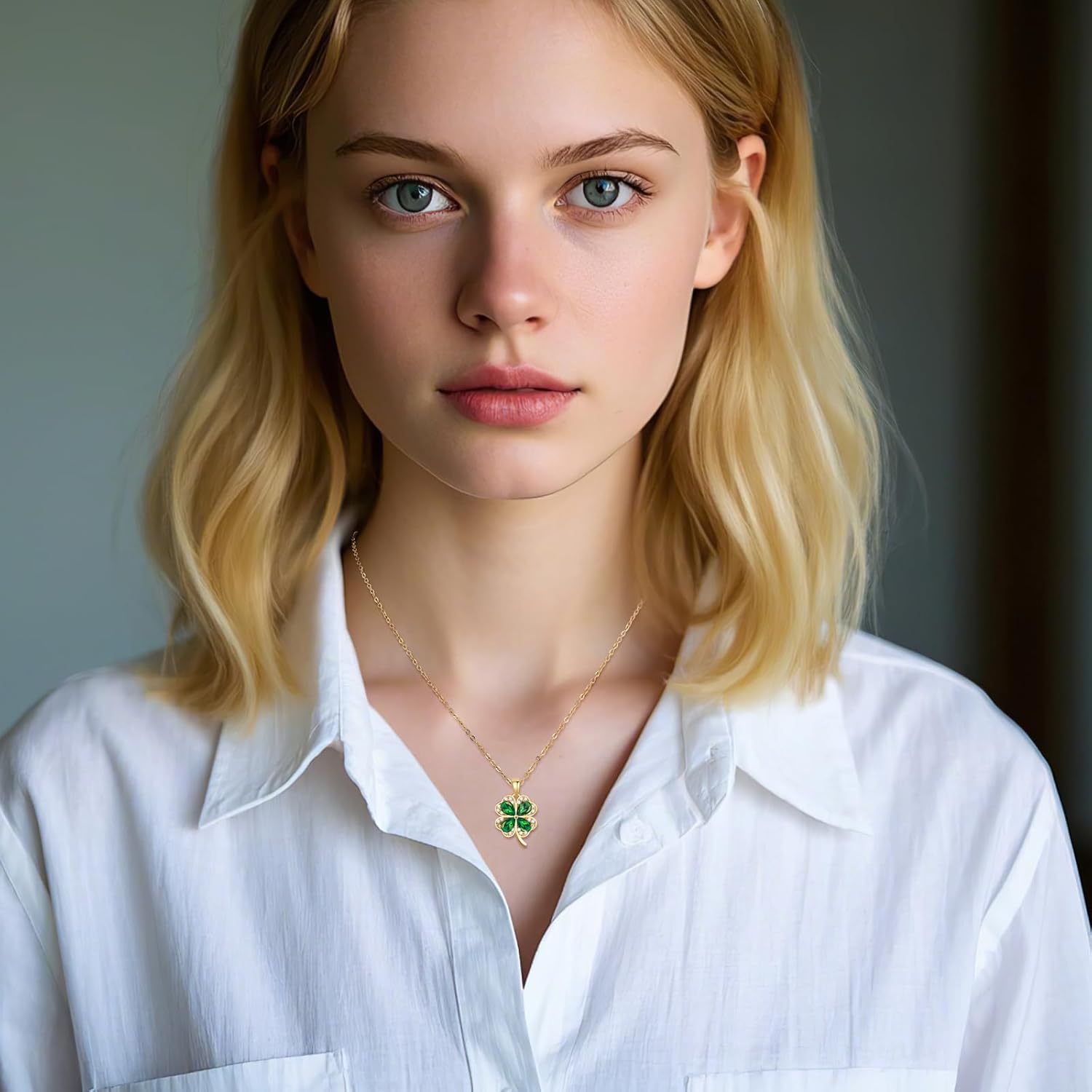 Gold Clover Necklace with Emerald Peridot Four Leaf Clover Necklace for Women Olive Green Clover Heart Necklace Clover Jewelry for Gift - Image 2