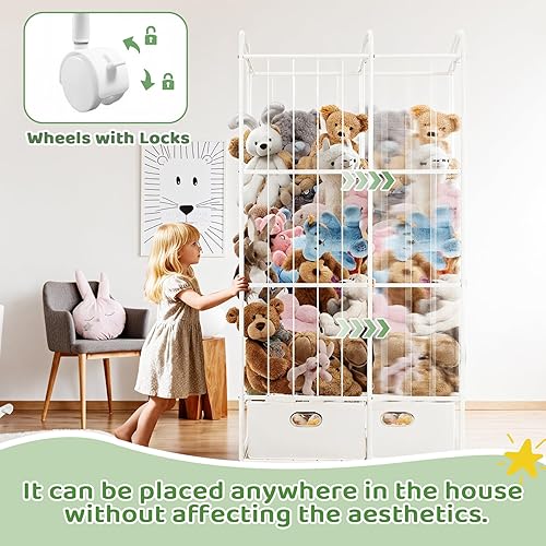 Miniatura 7 de Zoológico de almacenamiento de animales de peluche con ruedas, soporte de peluche de animales de metal organizador de juguetes para niños con banda