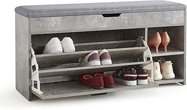 Meerveil Schuhbank mit Sitzfläche, Schuhbank mit Klappschublade Holz Industriestil für Flur Eingang, B100 x H52 x T30 cm, Grau