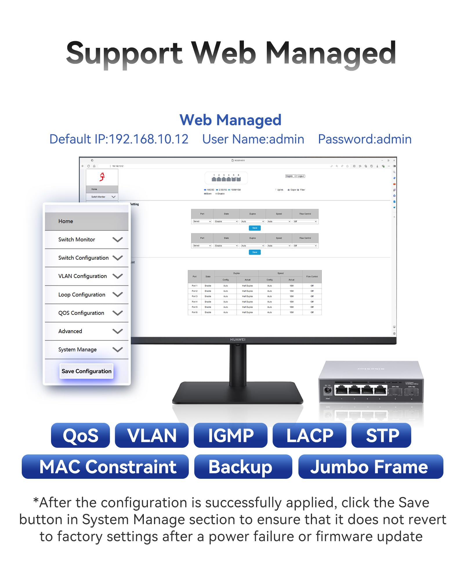 2.5G Switch Web Managed, 4X 2.5G RJ45 + 2X 10G SFP+ LWL Switch | Einfach zu verwalten, volle Funktionen, Web-Managed Switch für Heim & Büro, kompatibel, robustes Metallgehäuse, gute Kühlung.