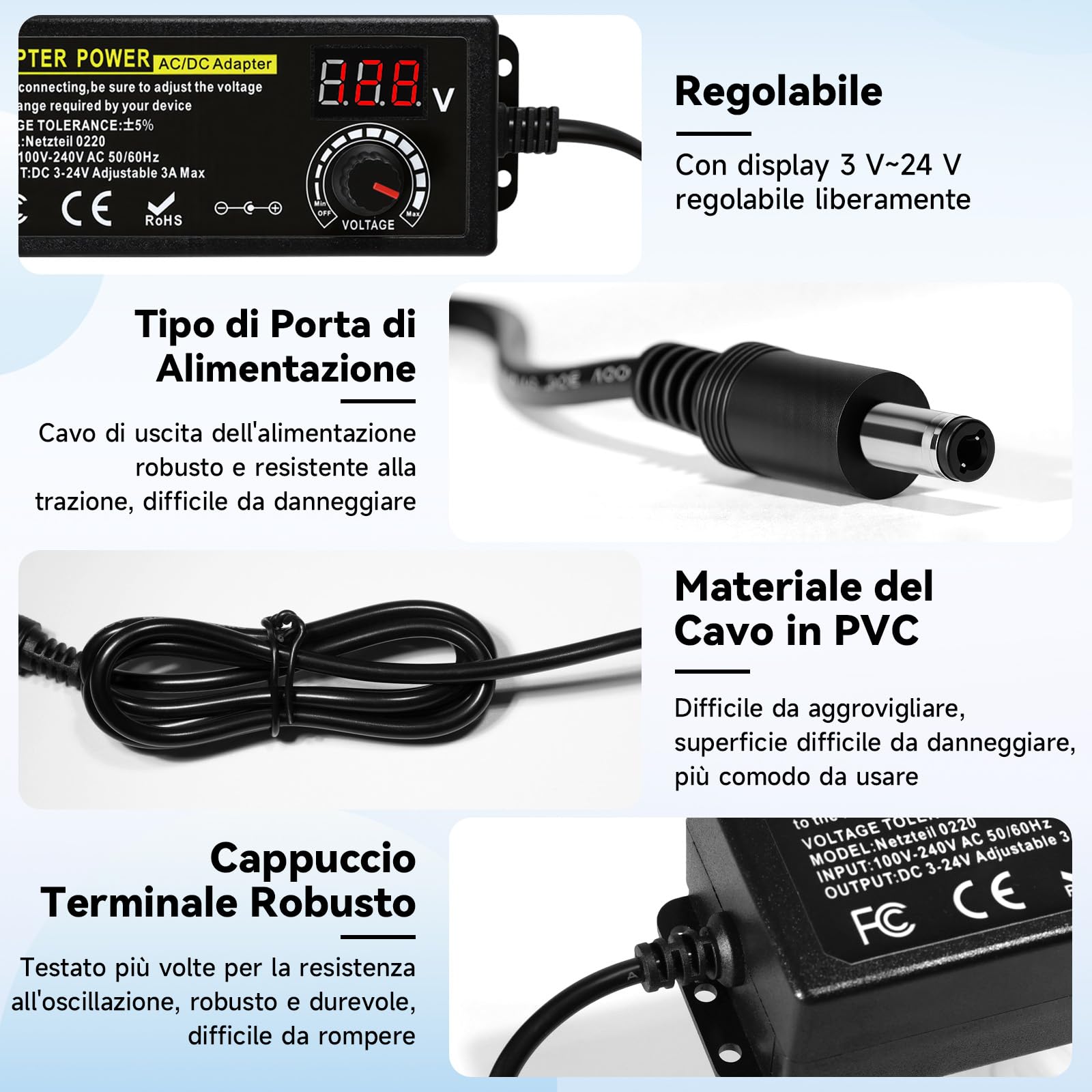 24V 3A 72WAdattatore di Alimentazione Regolabile, 100V-240V Adattatore Universale con 14 Punte, Alimentatore con Indicatore di Tensione LED per Laptop Router Hobby Elettronica - 3