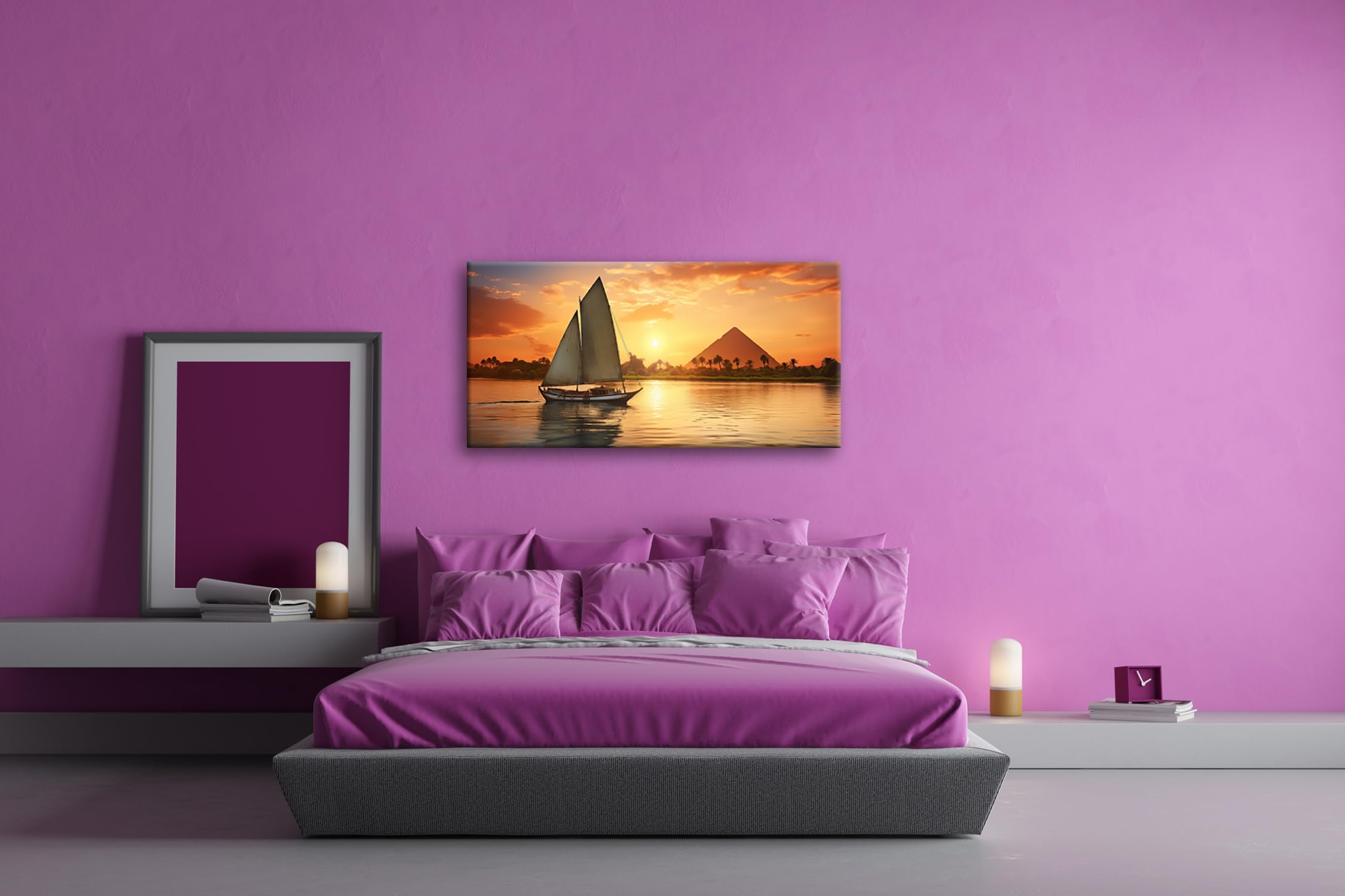 Leinwandbild Segeln bei Sonnenuntergang – Ägyptens Zauber am Nil Panorama 100x50cm XXL Kunstdruck Bild auf Keilrahmen/Wandbild/Wohnzimmer Dekoration