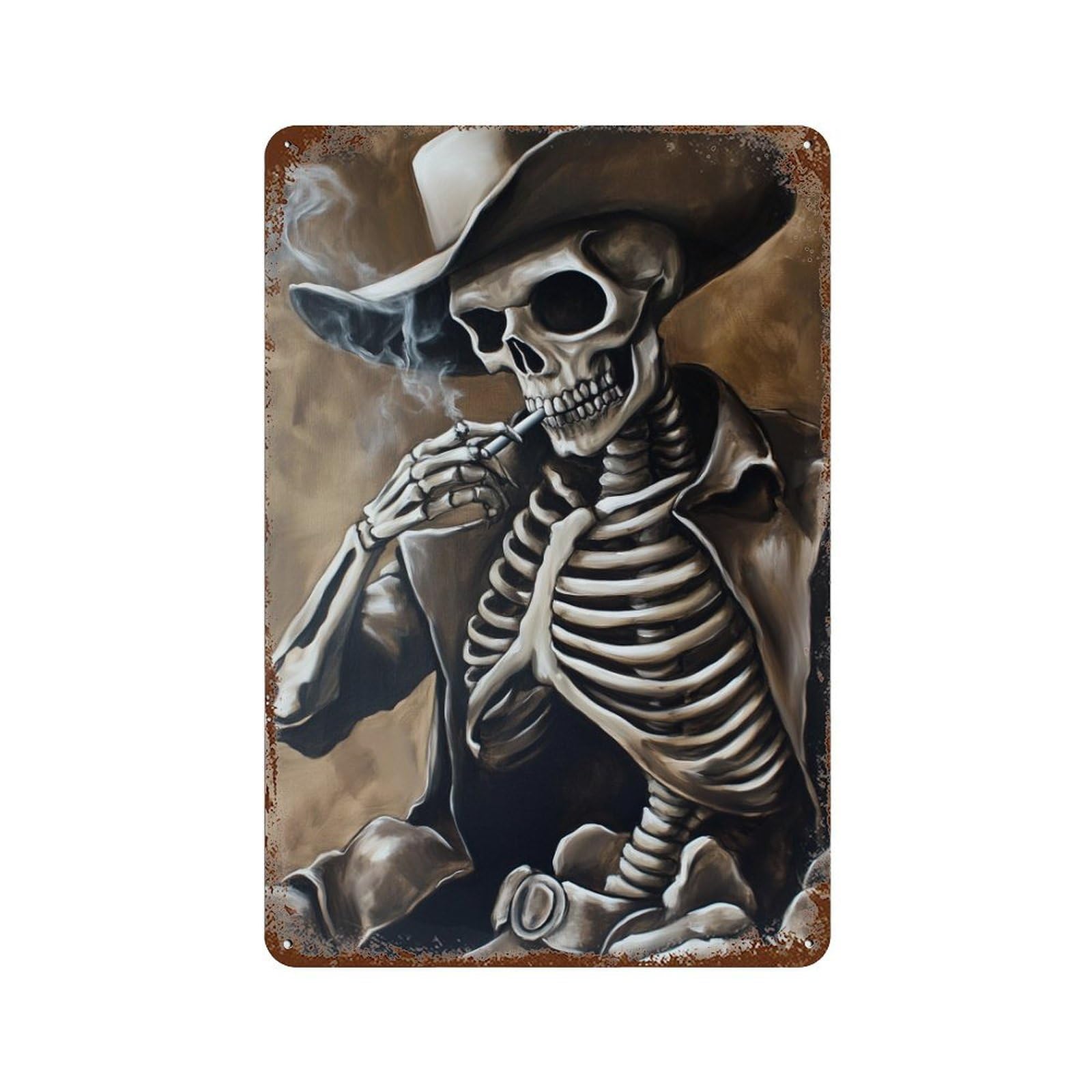 Western Skeleton Smoking Decorative Tin Sign 11.8"x7.9", Vintage Wall Decor for Basement, Hobby Room And Garage Decor