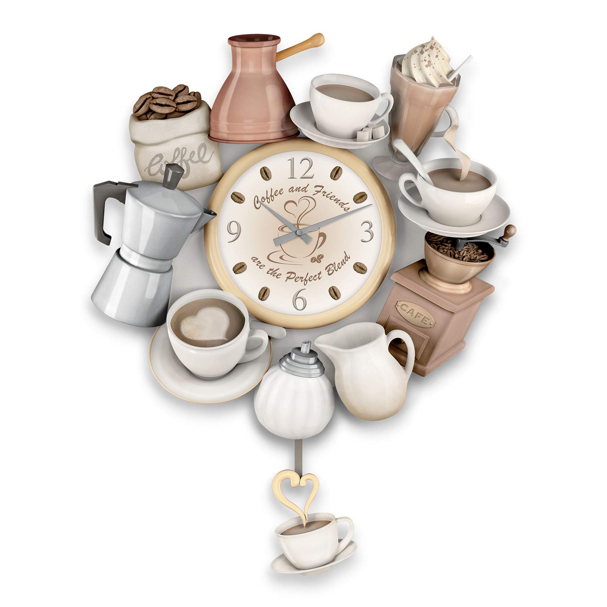 The Perfect Blend' Sculptural Wall Clock - A unique coffee-inspired clock is handpainted, with cup pendulum with heart-shaped steam. Exclusive to