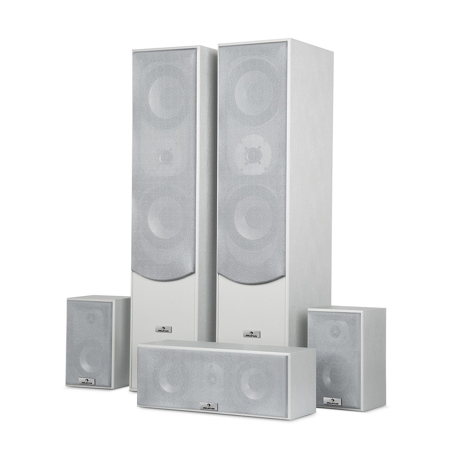 auna Juego de Altavoces de Sonido Envolvente - Cine en casa, Home Cinema, Caja reflectora de Bajos, 335 W RMS, Potencia máxima de 1150 W, Montaje en Pared, 5 Altavoces, Plata