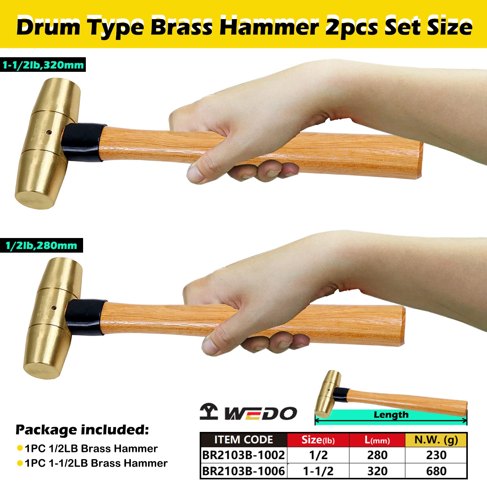 WEDO Juego de 2 martillos de latón,1/2lb 1-1/2lb,kit de martillo de trineo,martillo de mazo de latón macizo,mango de martillo de madera,forjado a presión,resistente a la corrosión,DIN