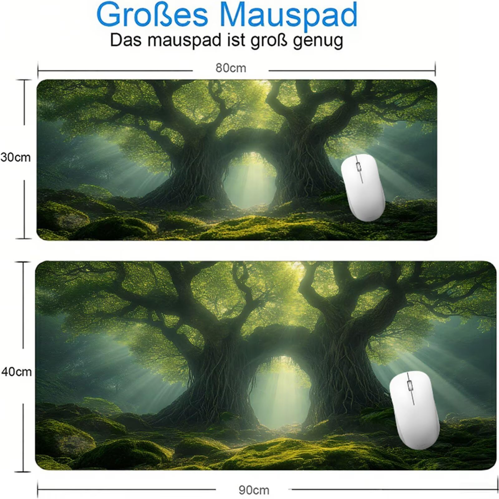 Zielona podkładka pod mysz dla graczy XXL 1400 x 600 x 3 mm, pod ręką las na biurko z antypoślizgową i wodoodporną gumową podkładką pod mysz, gładka powierzchnia poprawia precyzję i szybkość D1-255