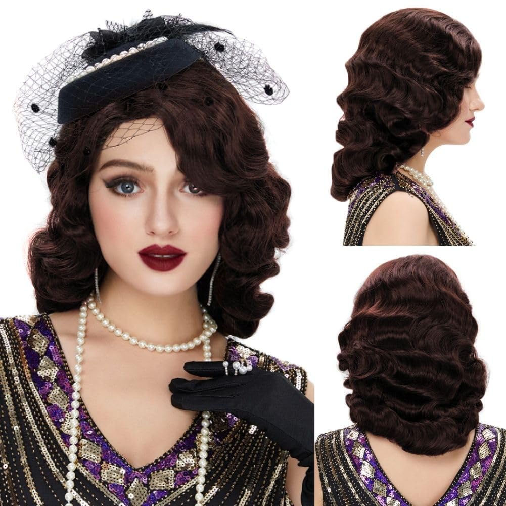 Brown 1920s Wig for Women Long Finger Wave Vintage Wigs Lady Synthetic Cosplay Costume Wig Brown 1920s Wig for Women Long Finger Wave Vintage Wigs Lady Synthetic Cosplay Costume Wig